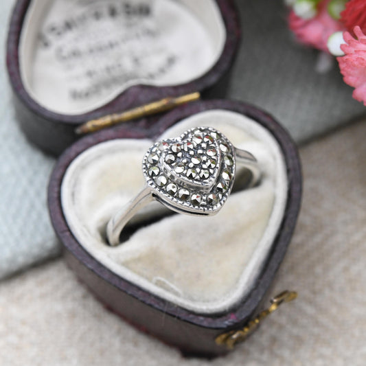 Vintage Sterling Silver Marcasite Heart Ring - Puffed Love Heart Jewellery | Sentimental Gift for Her | UK Size - N 1/2 | US Size - 6 3/4