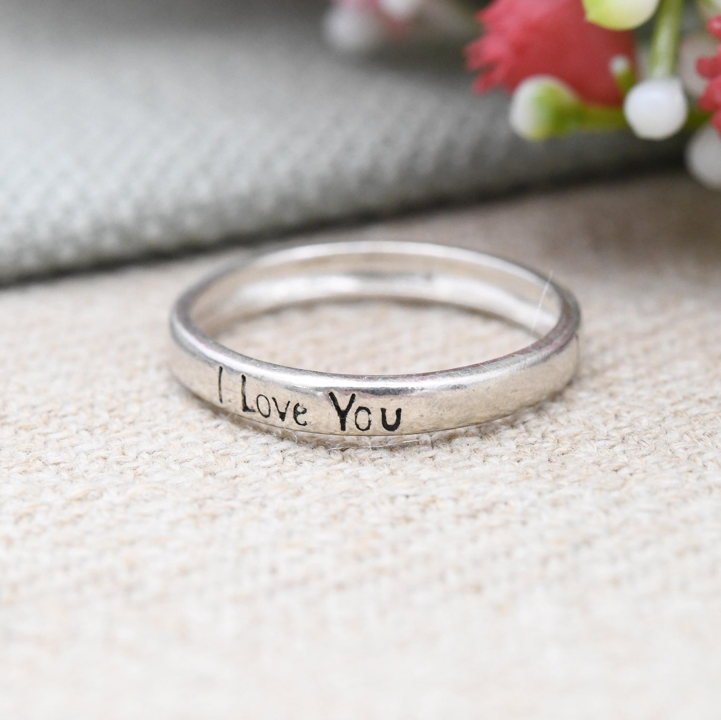 Vintage Sterling Silver I Love You Band Ring - Minimal Stacking Ring | Sentimental Unisex Jewellery | UK Size - L | US Size - 5 3/4