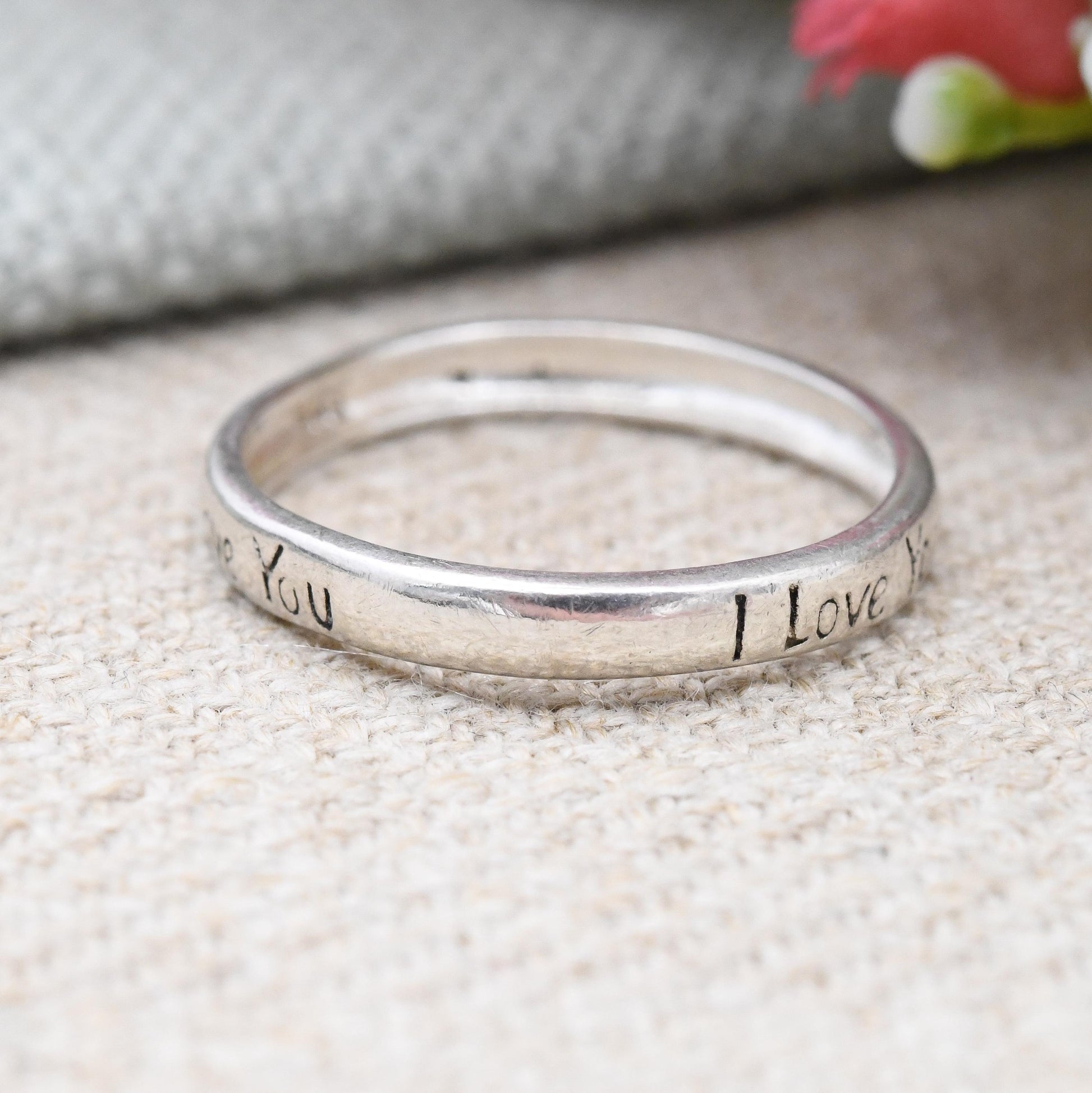 Vintage Sterling Silver I Love You Band Ring - Minimal Stacking Ring | Sentimental Unisex Jewellery | UK Size - L | US Size - 5 3/4