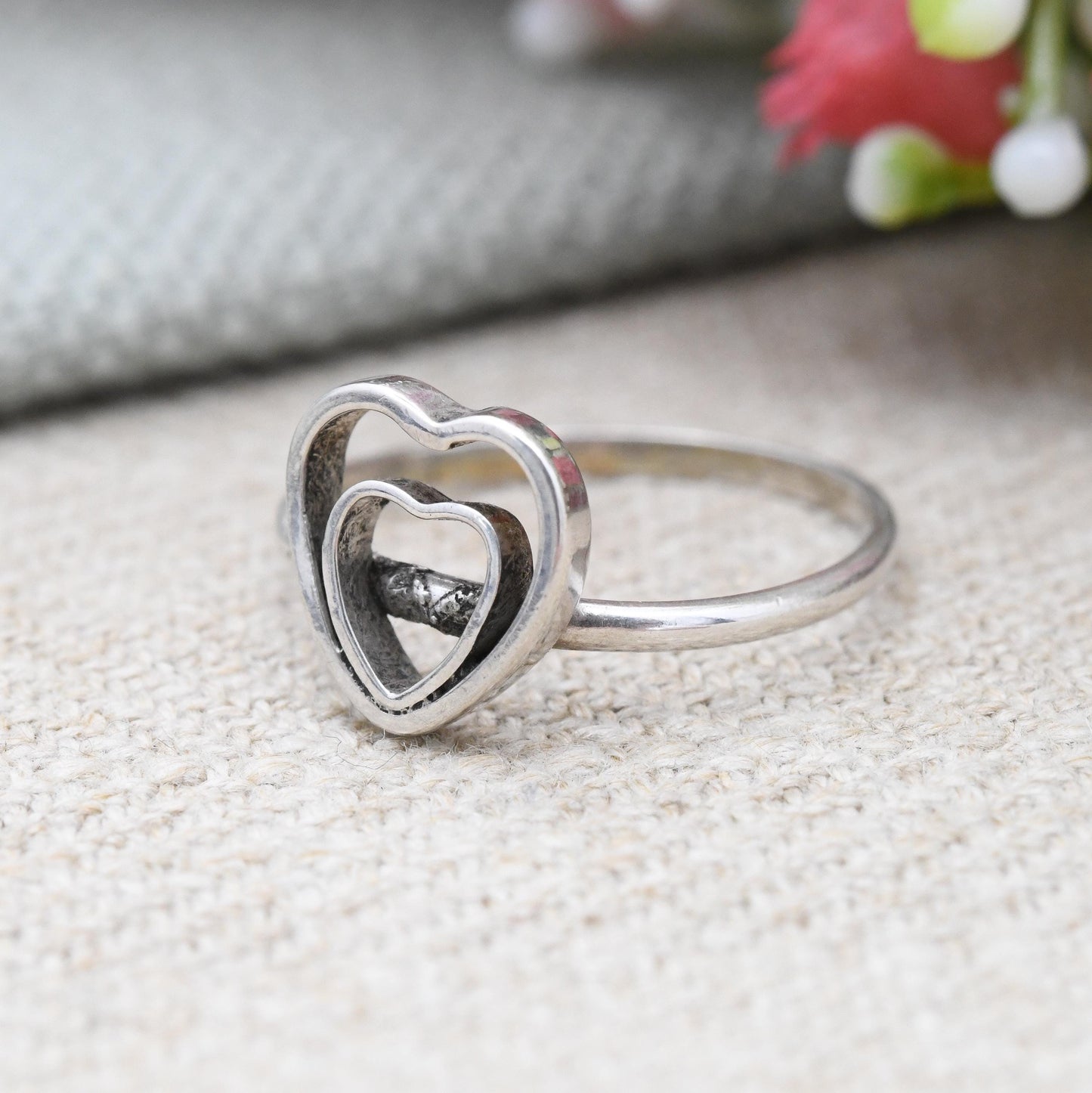 Vintage Silver Double Heart Ring - Minimal Silver Love Heart Jewellery | Sentimental Everyday Ring | UK Size - M | US Size - 6 1/4