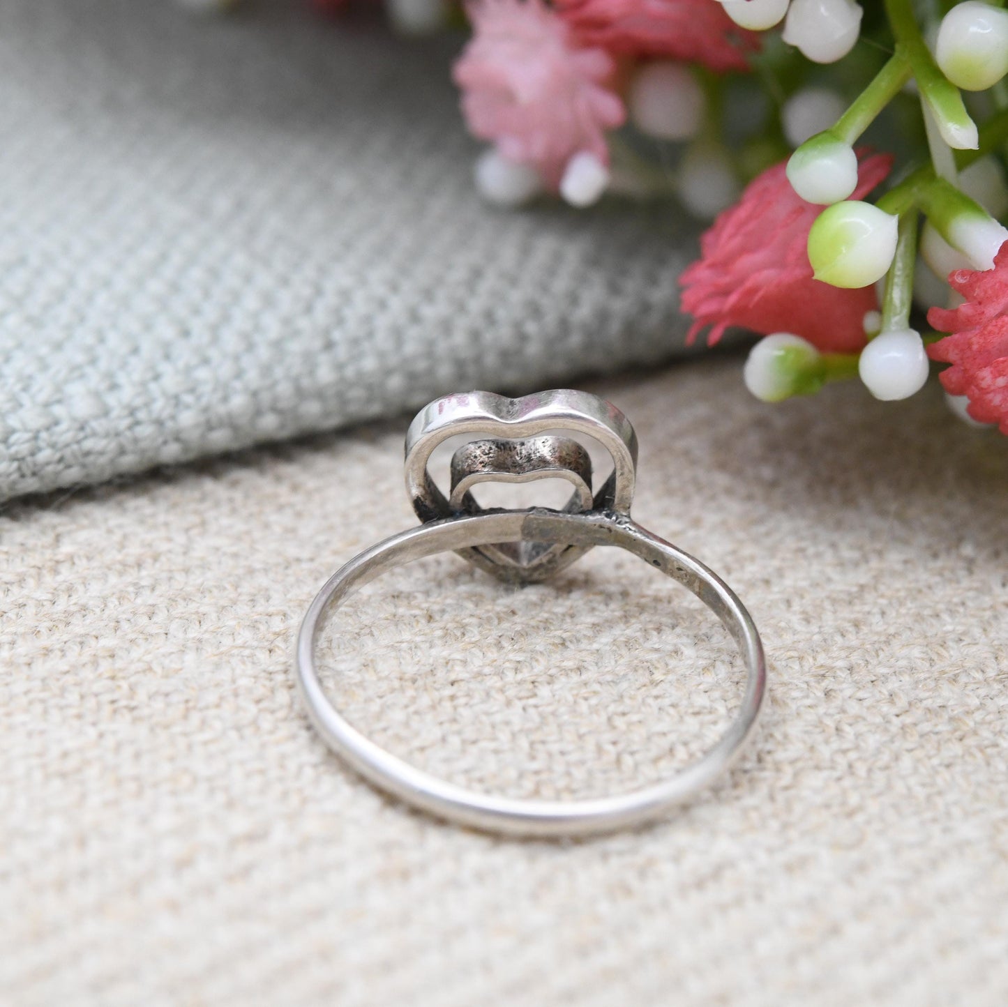 Vintage Silver Double Heart Ring - Minimal Silver Love Heart Jewellery | Sentimental Everyday Ring | UK Size - M | US Size - 6 1/4