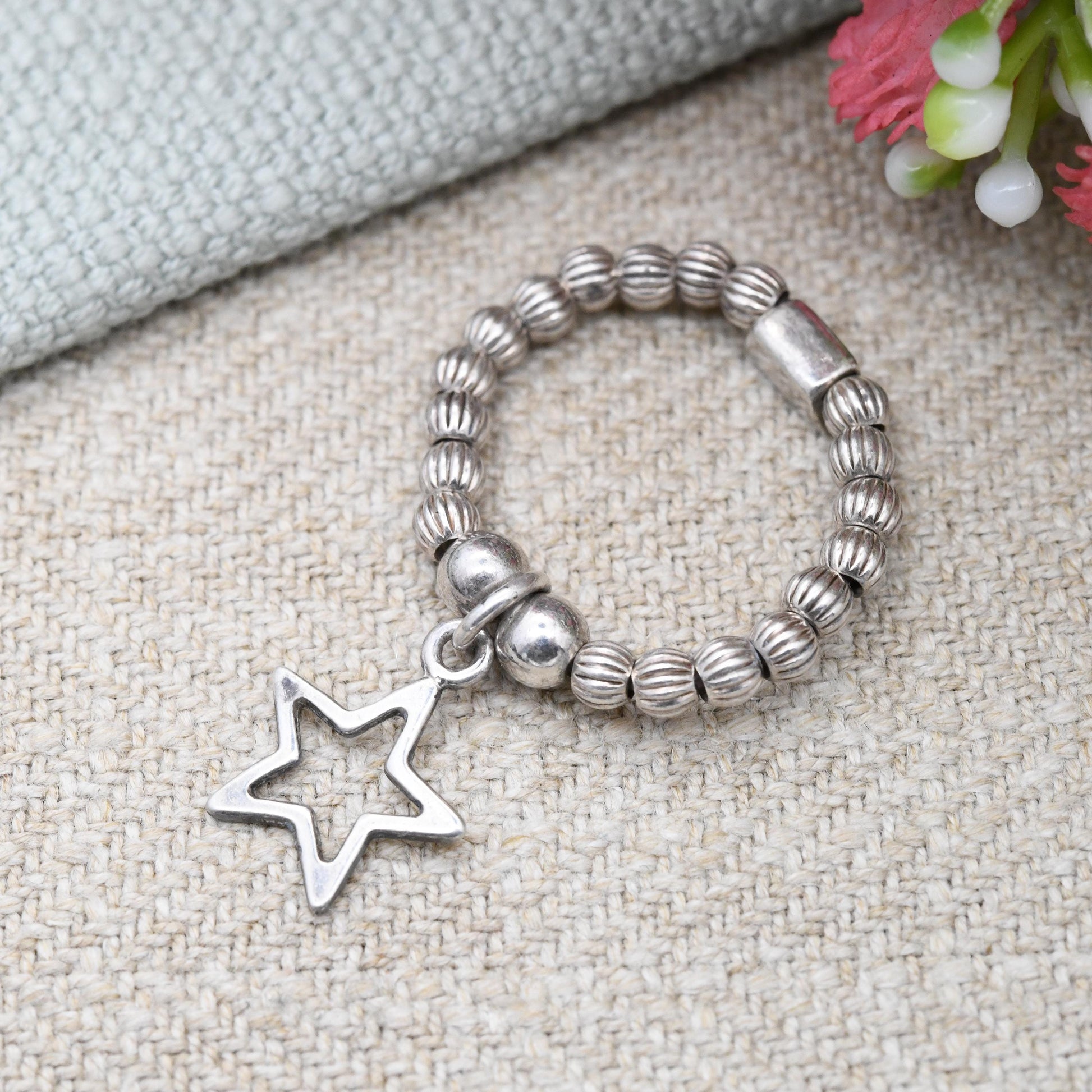 Sterling Silver ChloBo Star Ring - Beaded Charm Ring Stacking Minimal Everyday Silver | Adjustable Stretchy UK Size - P | US Size - 7 1/2