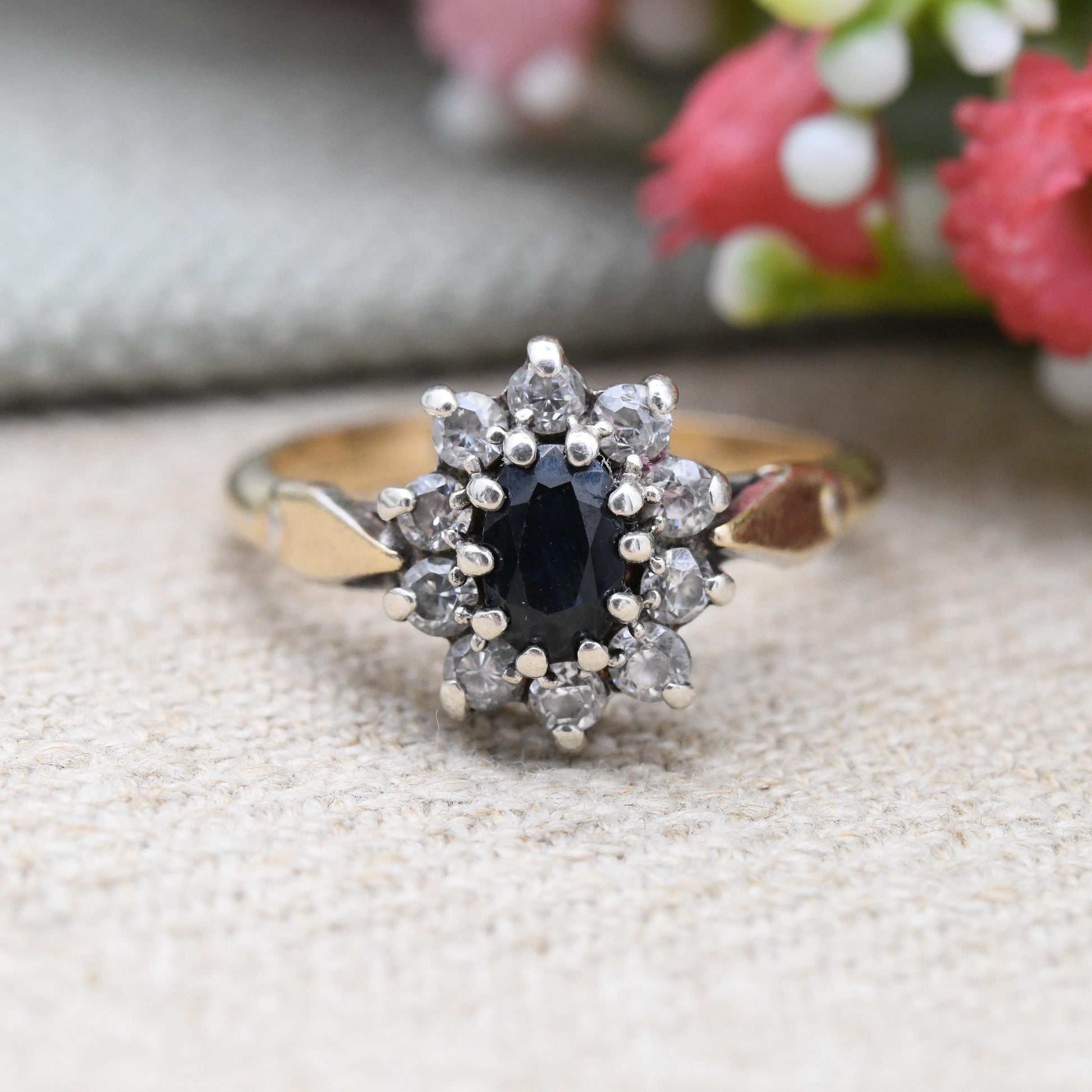 Vintage Sterling Silver Sapphire CZ Halo Flower Ring 1990 by Bracelon - Golsil Gold Plated Cocktail Ring | UK Size - O | US Size - 7 1/4