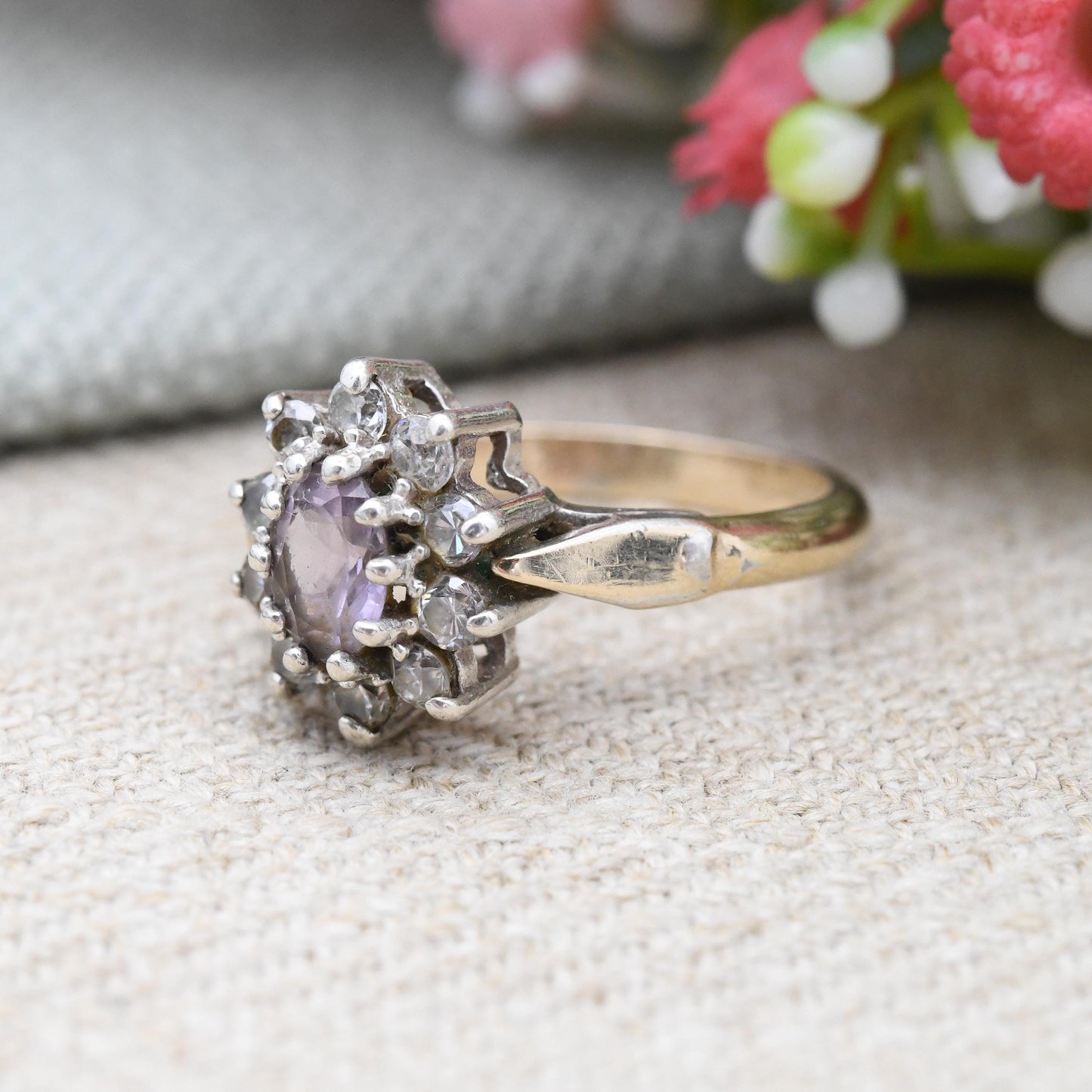 Vintage Sterling Silver Amethyst CZ Halo Flower Ring 1991 by Bracelon - Golsil Gold Plated Cocktail Ring | UK Size - L | US Size - 5 3/4