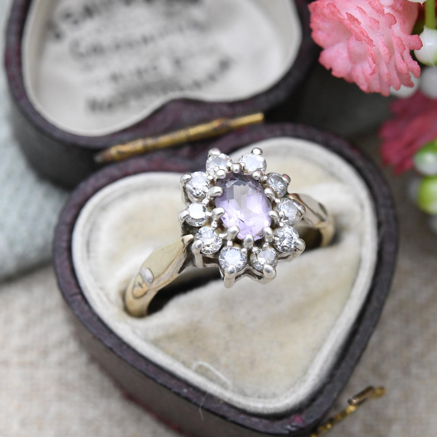 Vintage Sterling Silver Amethyst CZ Halo Flower Ring 1991 by Bracelon - Golsil Gold Plated Cocktail Ring | UK Size - L | US Size - 5 3/4