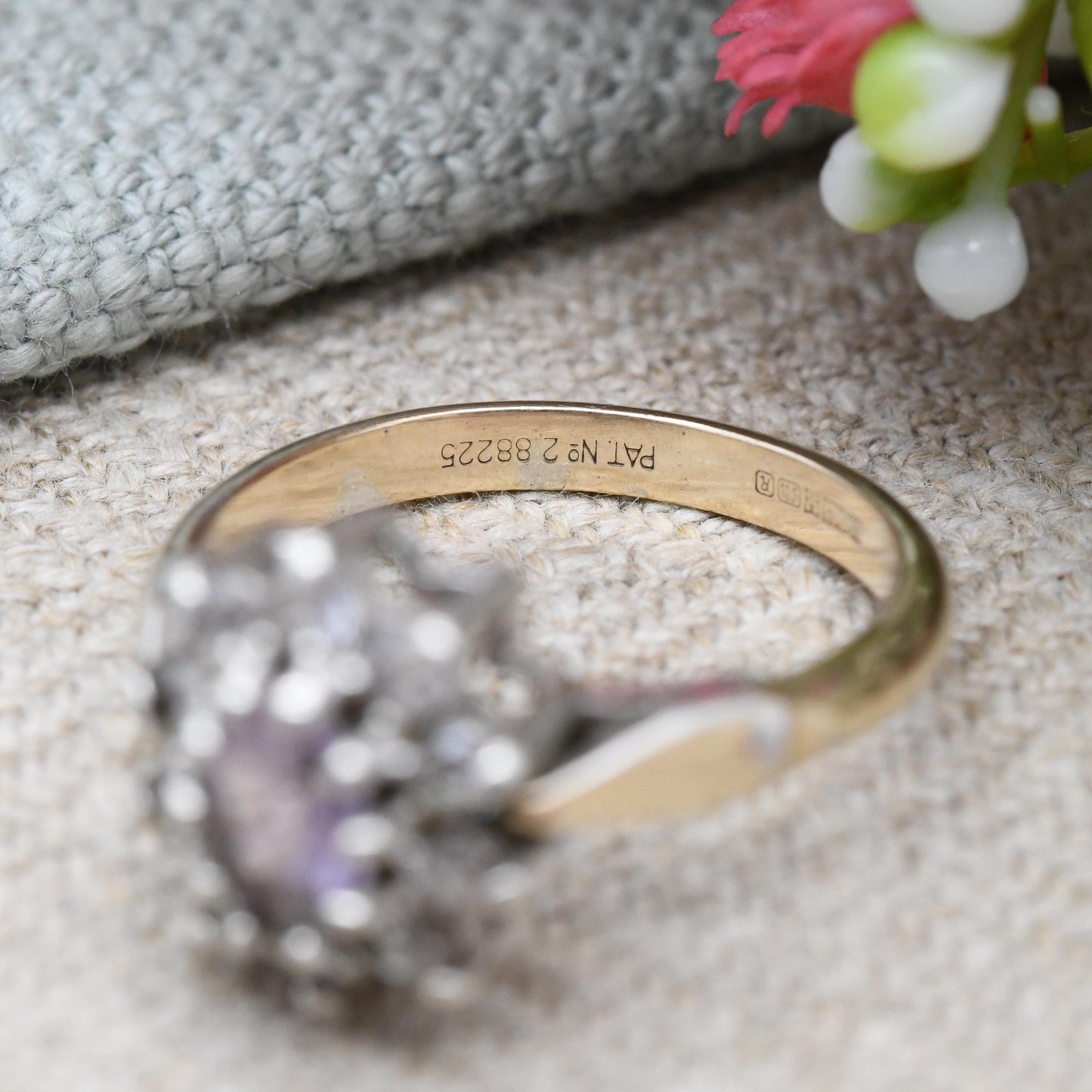 Vintage Sterling Silver Amethyst CZ Halo Flower Ring 1991 by Bracelon - Golsil Gold Plated Cocktail Ring | UK Size - L | US Size - 5 3/4