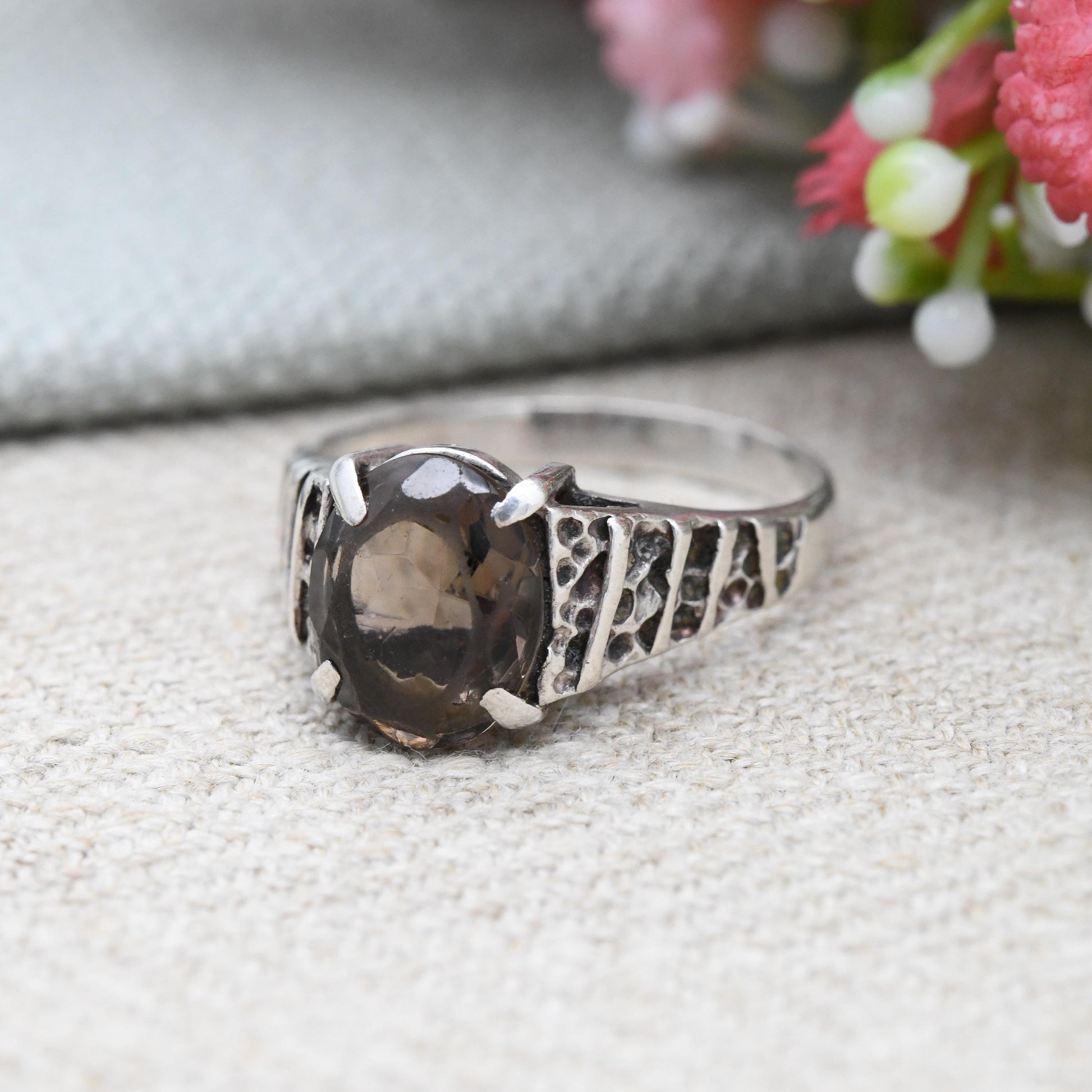 Vintage Brutalist Sterling Silver Smoky Quartz Ring - Mid-Century Faceted Brown Gemstone Solitaire | UK Size - P 1/2 | US Size - 8