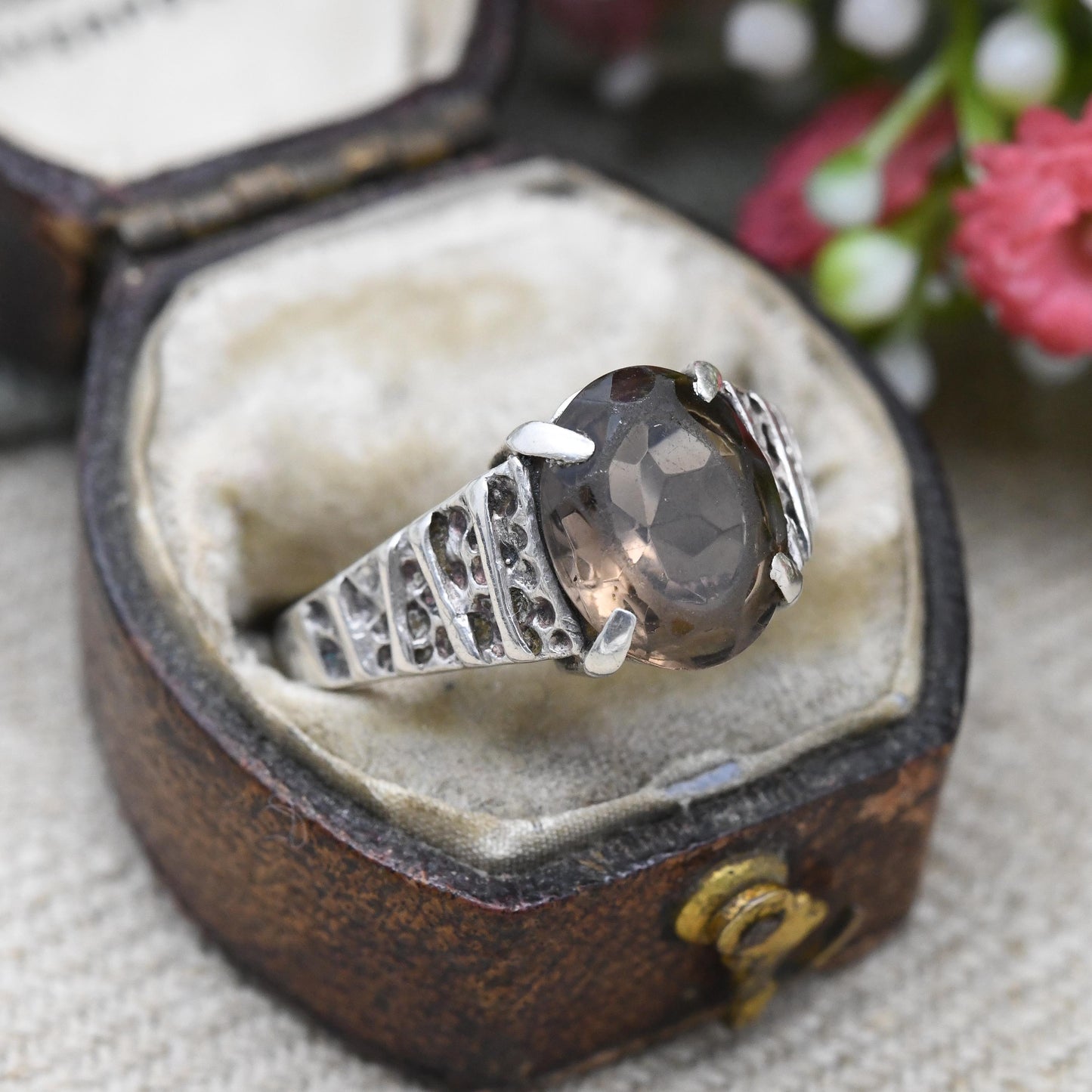 Vintage Brutalist Sterling Silver Smoky Quartz Ring - Mid-Century Faceted Brown Gemstone Solitaire | UK Size - P 1/2 | US Size - 8