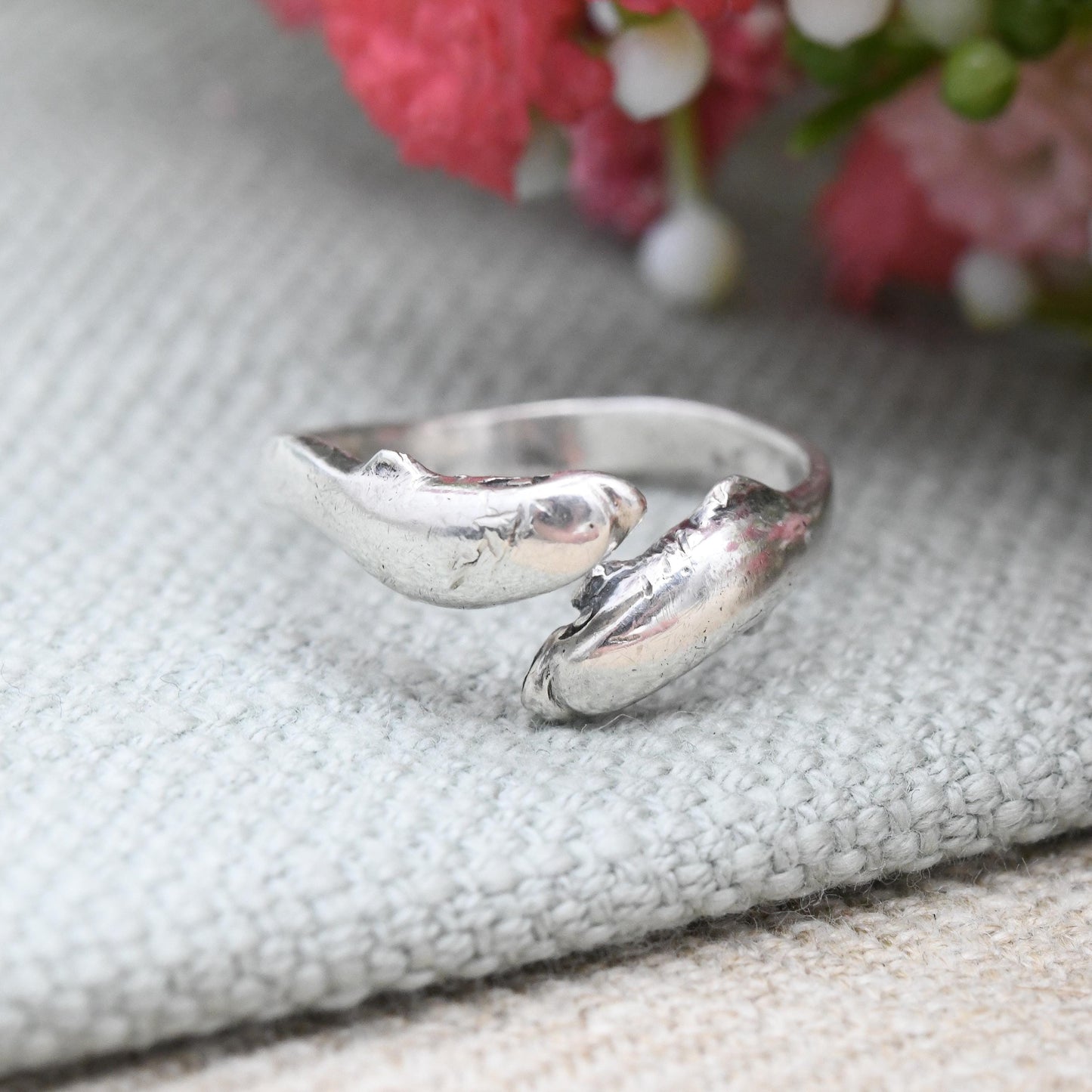 Vintage Sterling Silver Dolphins Ring Bypass - Novelty Sea Animal | Nature Lover | Open Band Adjustable Size | UK Size - N 1/2 | US Size - 7