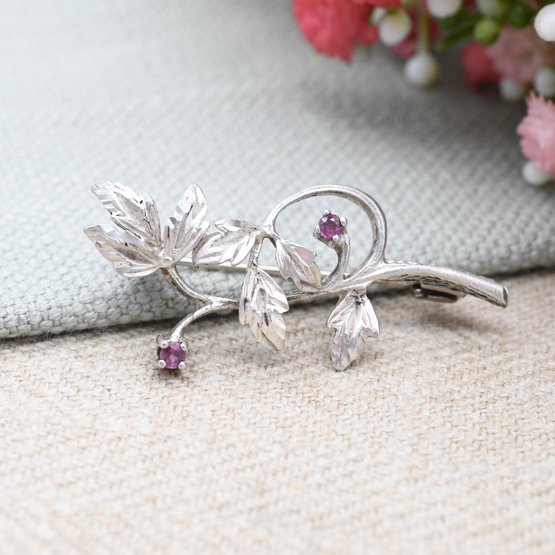 Vintage Sterling Silver Ruby Flower Brooch - Mid-Century Textured Leaf Design | Berries on a Branch | Sweet Jewellery Gift for Her