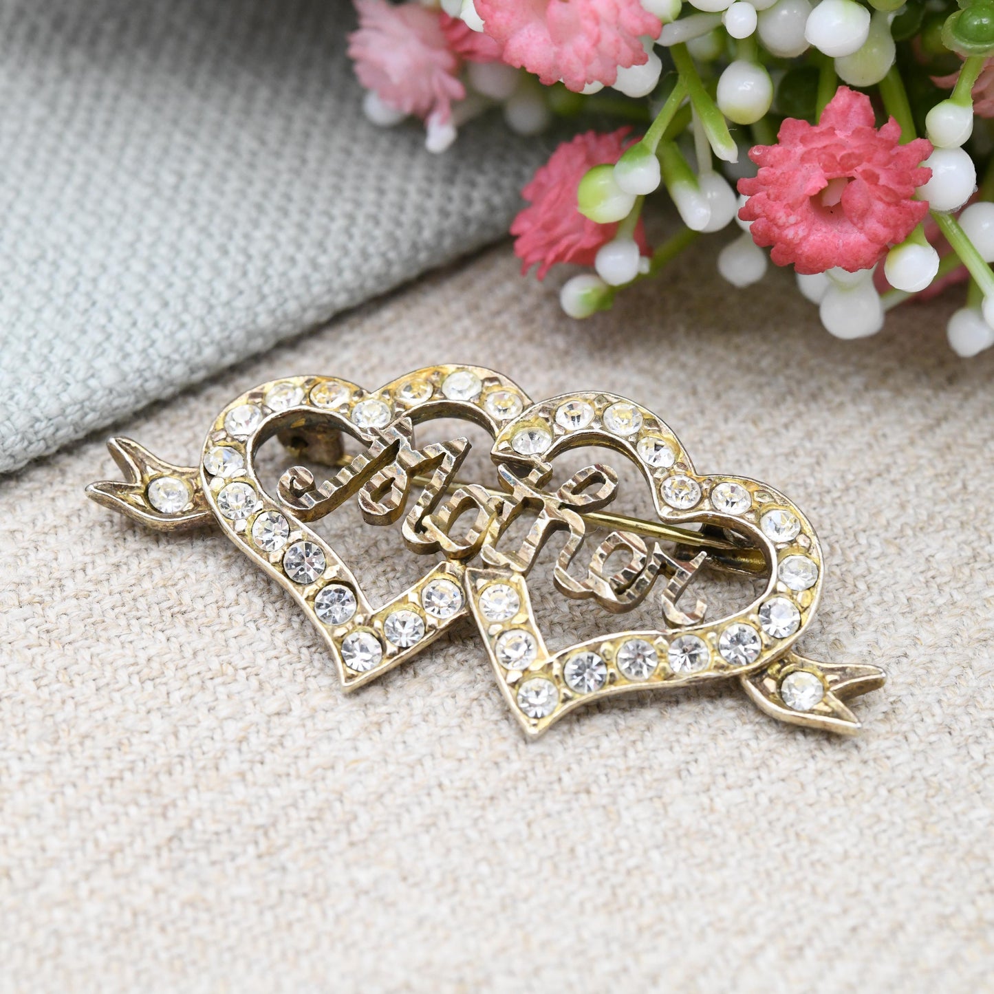 Vintage Sterling Silver Mother Heart Brooch with Clear Stone Crystals - Gold Plated | Love Hearts with Ribbon | Sentimental Mum Jewellery