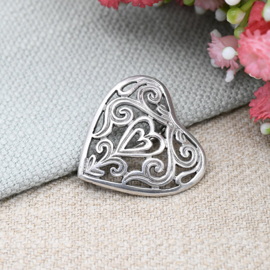 Vintage Sterling Silver Love Heart Brooch with Ornate Openwork Design - Pretty Minimalist Silver Jewellery | Gift for Sister for Girlfriend