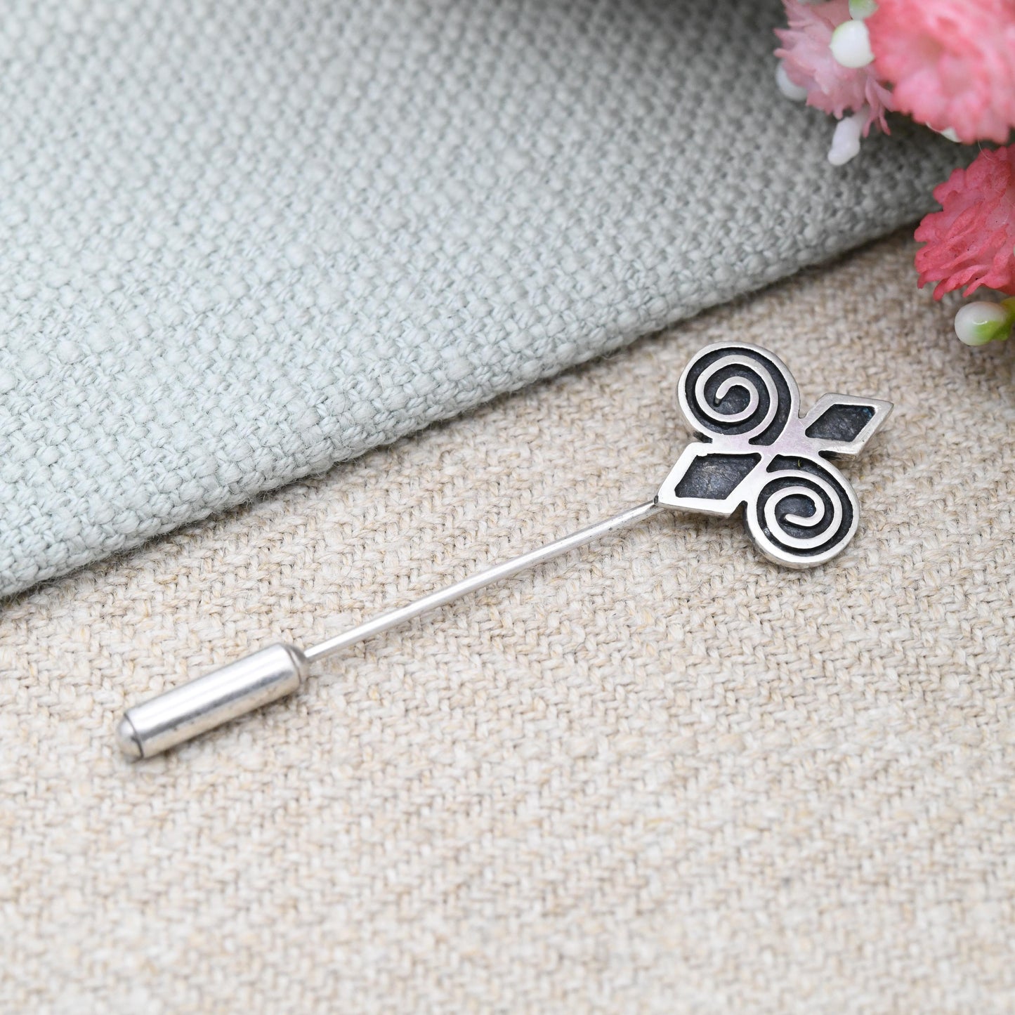 Vintage Ola Gorie Sterling Silver Tie Pin Scottish Celtic Design - Swirl Cross Diamond Shapes Designer Statement Silver Jewellery Gift