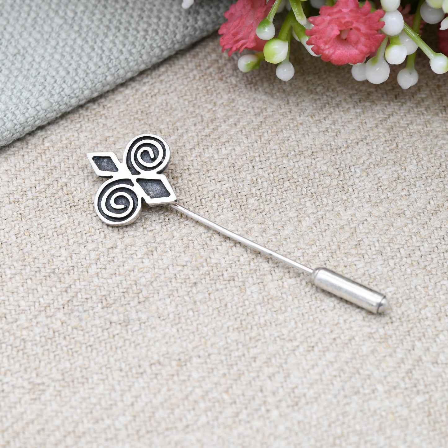 Vintage Ola Gorie Sterling Silver Tie Pin Scottish Celtic Design - Swirl Cross Diamond Shapes Designer Statement Silver Jewellery Gift