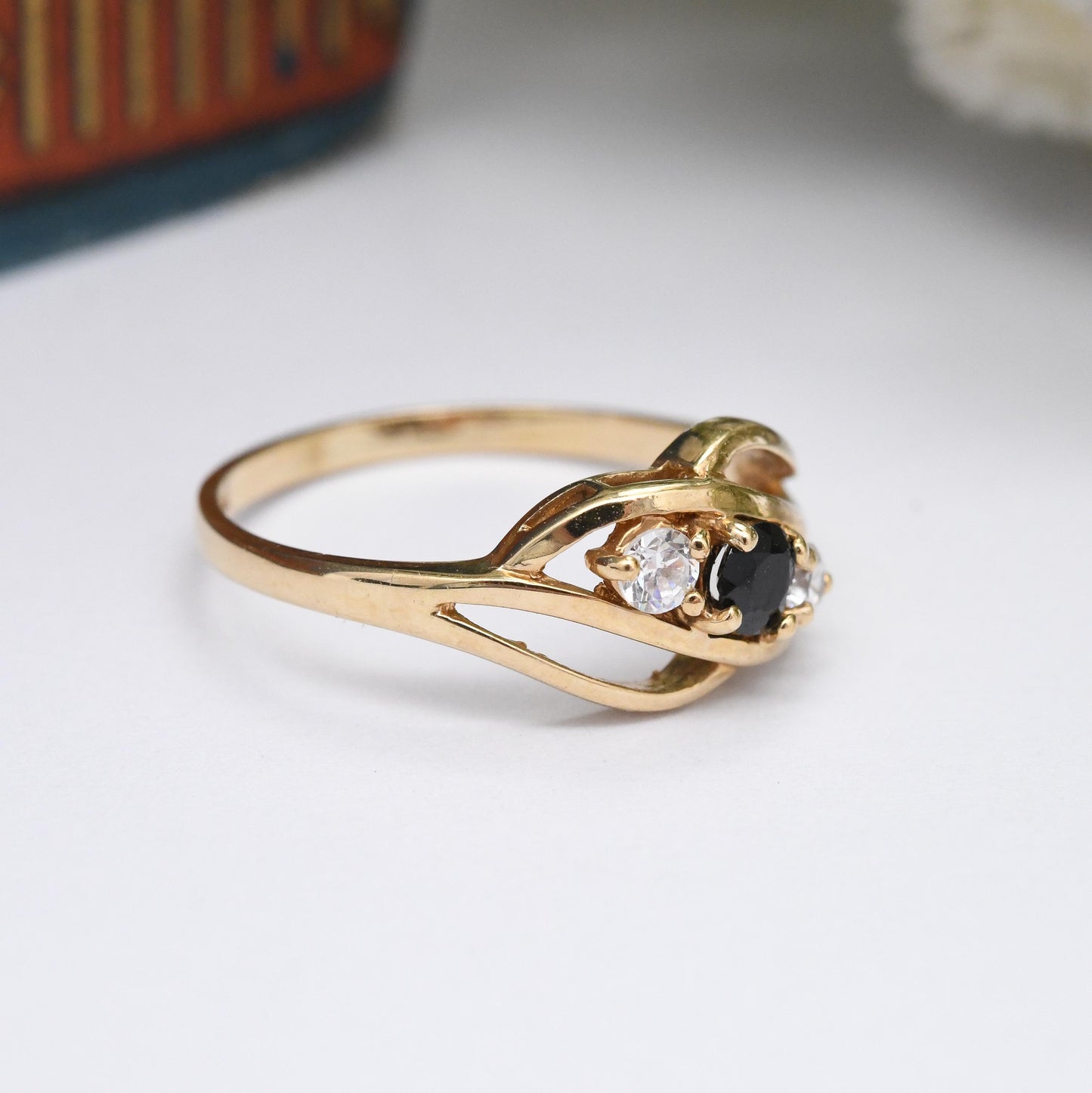 Vintage 9ct Gold Sapphire Three Stone Twist Ring 1988 with White Stones - Small Size Beautiful Pinkie Ring | UK Size - K | US Size - 5 1/4