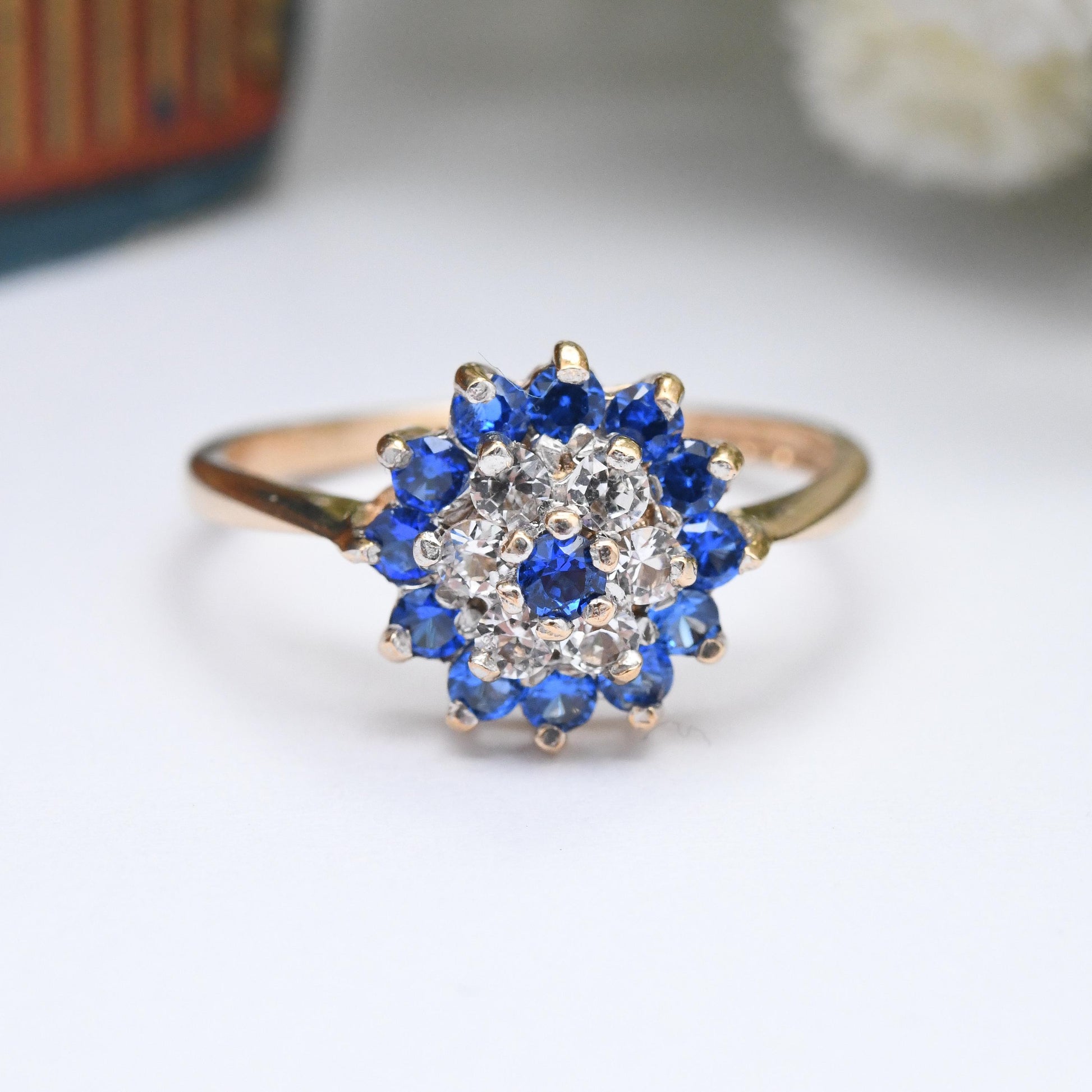 Vintage 9ct Gold Cluster Ring 1975 - Cocktail Statement Ring Blue and Clear Stones | Pretty Gift for Her | UK Size - O 1/2 | US Size - 7 1/2