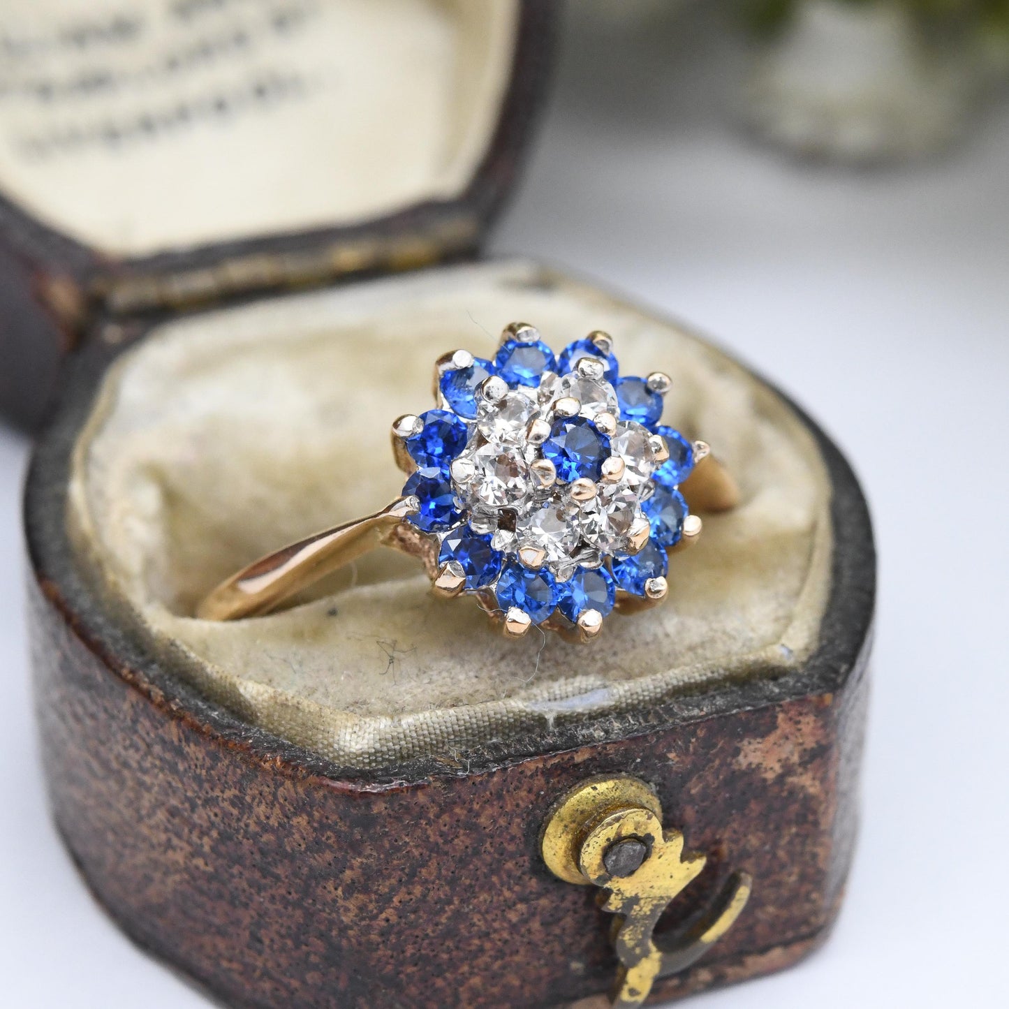 Vintage 9ct Gold Cluster Ring 1975 - Cocktail Statement Ring Blue and Clear Stones | Pretty Gift for Her | UK Size - O 1/2 | US Size - 7 1/2