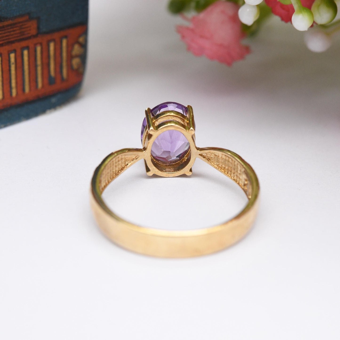 Vintage 9ct Gold Amethyst Sentimental Ring A Nul Autre To No One Else - Large Purple Stone Solitaire | UK Size - O 1/2 | US Size - 7 1/2