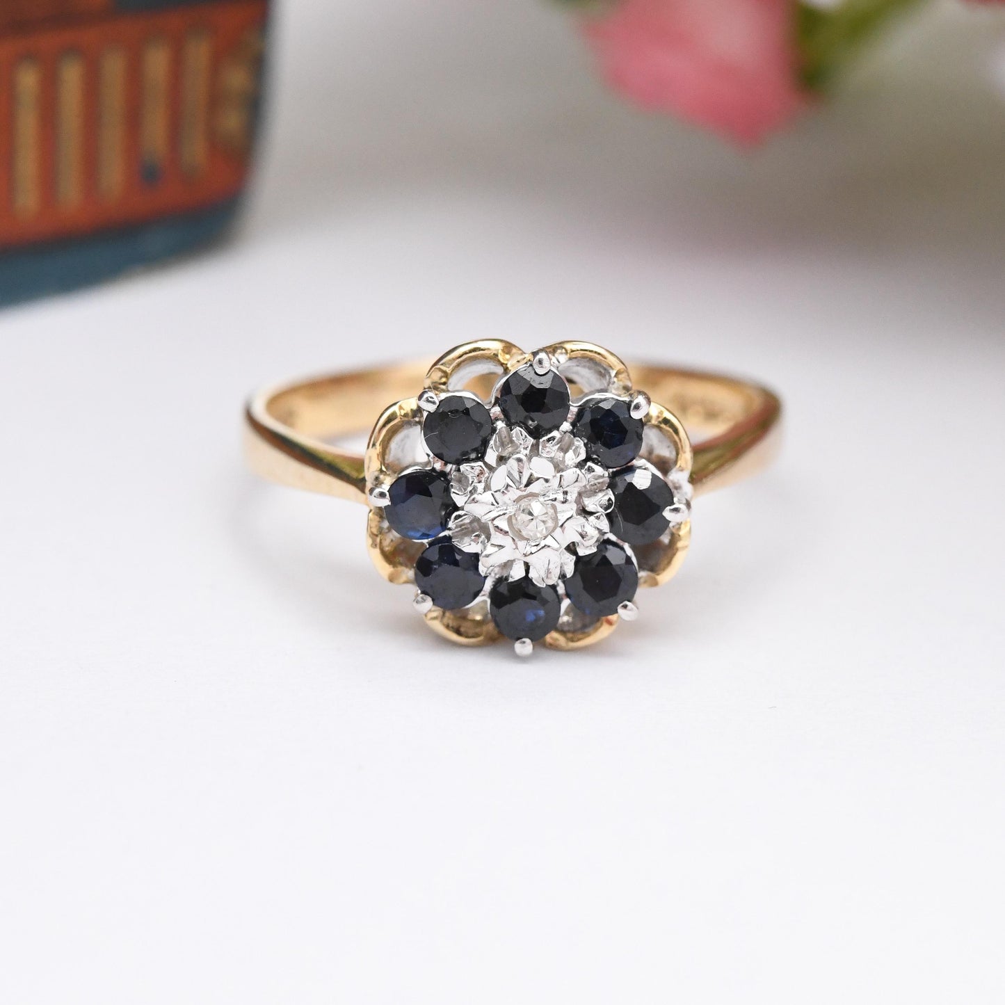 Vintage 9ct Gold Diamond Sapphire Flower Cluster Ring 1981 - Pretty Deep Blue Floral Ring Gift for Her | UK Size - P 1/2 | US Size - 8