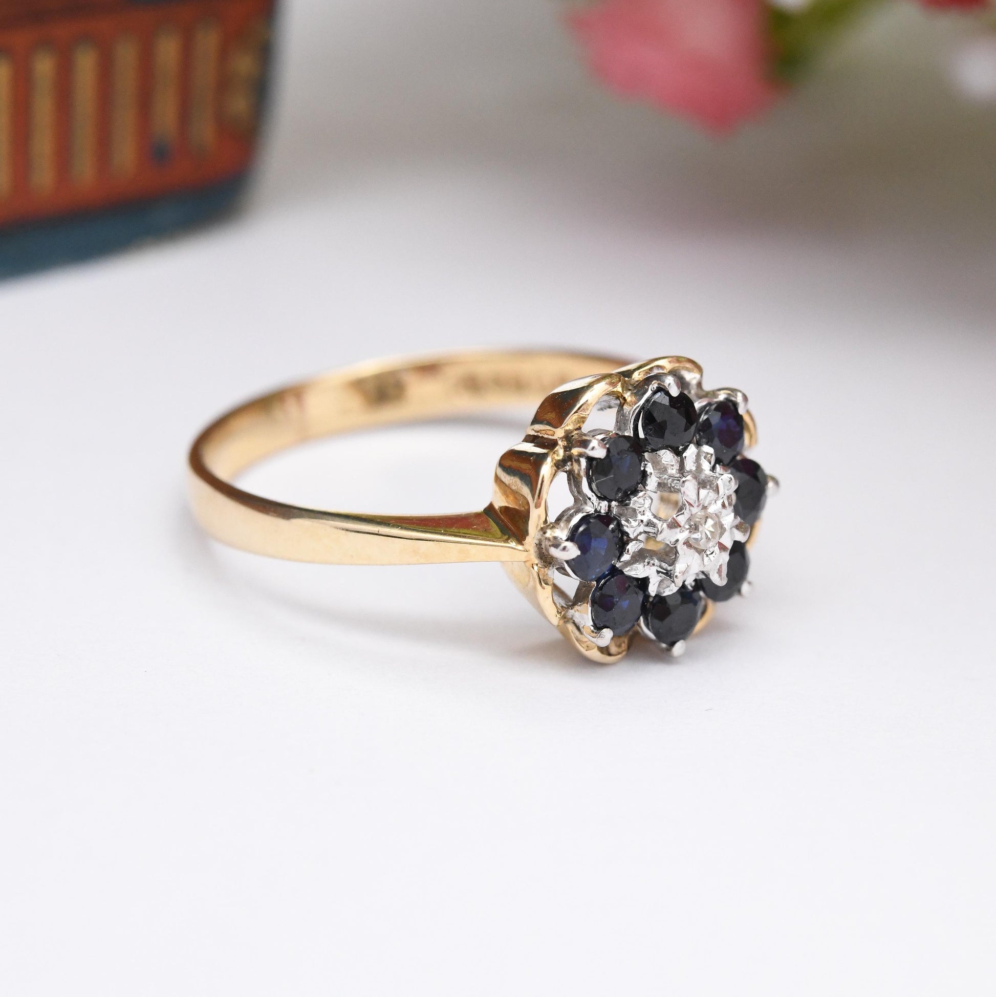 Vintage 9ct Gold Diamond Sapphire Flower Cluster Ring 1981 - Pretty Deep Blue Floral Ring Gift for Her | UK Size - P 1/2 | US Size - 8