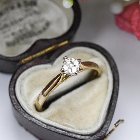 Vintage 9ct Gold and Diamond Cluster Ring - Illusion Solitaire Stone Engagement | Pretty Gift for Her | UK Size - O | US Size - 7 1/4