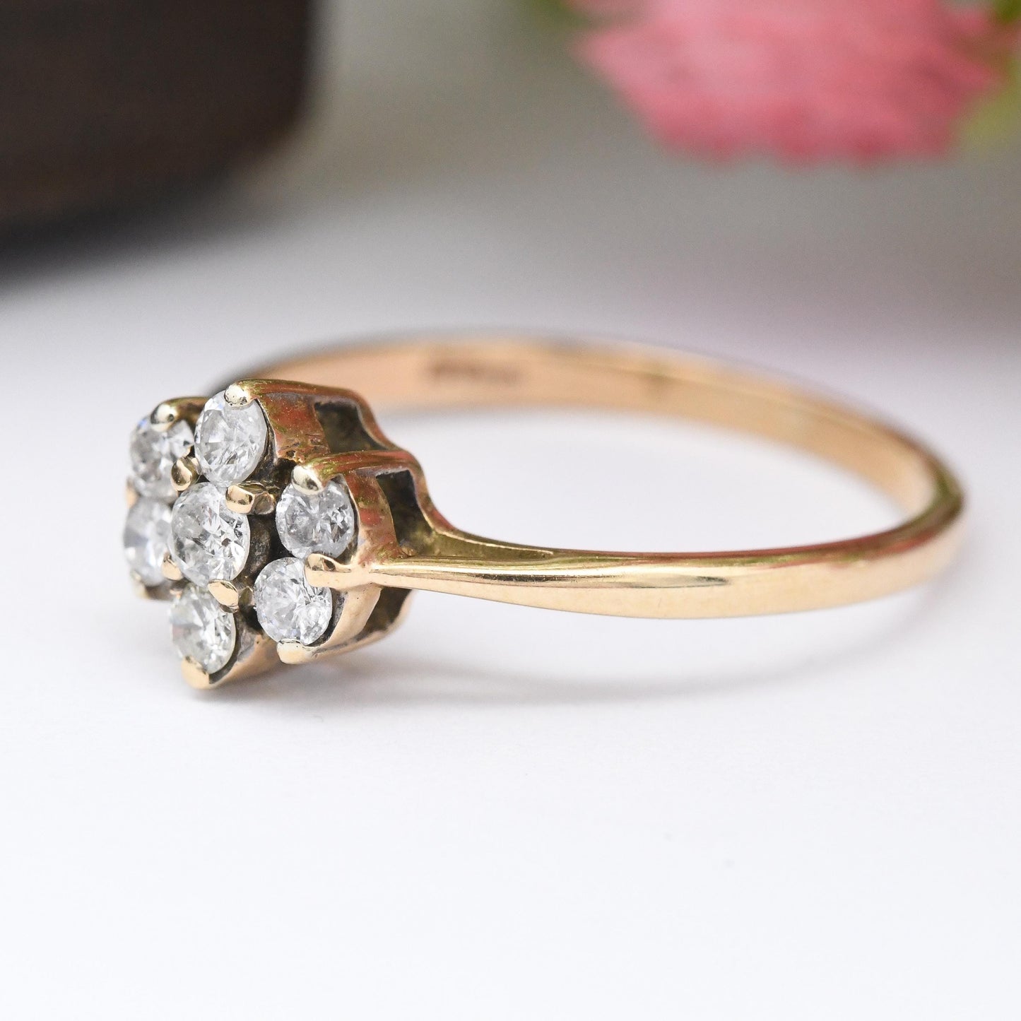 Vintage 9ct Gold Floral Cluster Ring 1984 White Stone - Gift for Her | Pretty Gold Daisy Flower Ring | UK Size - L | US Size - 5 3/4