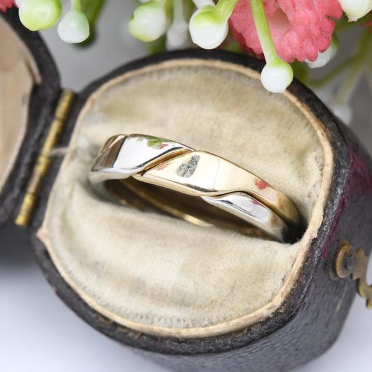 Vintage 9ct Gold Two Band Puzzle Ring - Two Tone White Gold Yellow Gold | Unusual Unisex Wedding Band | UK Size - M 1/2 | US Size - 6 1/2