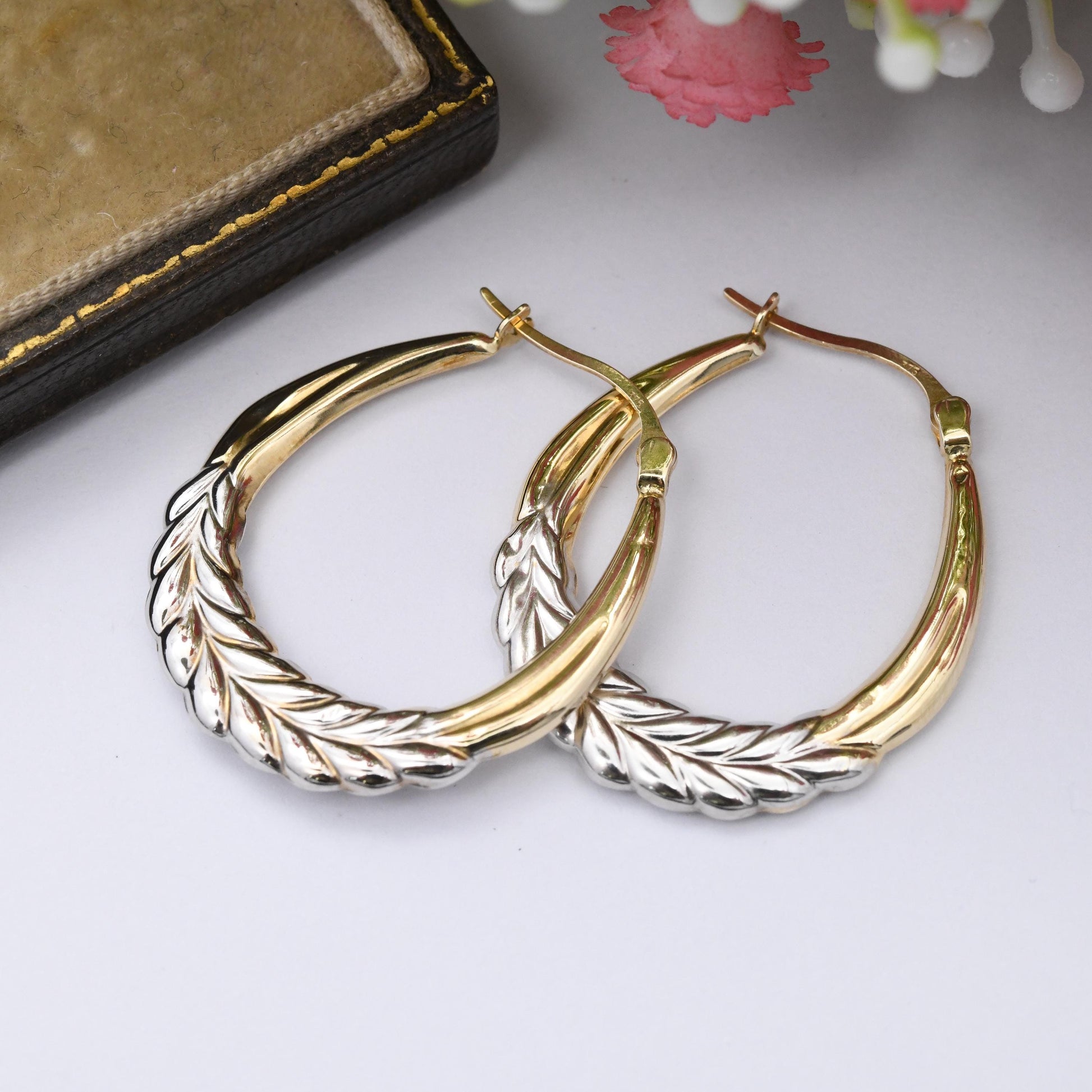Vintage 9ct Gold Hoop Earrings Laurel Leaves Wreath Design - Large Hollow Hoops | Two-Tone Yellow and White Gold