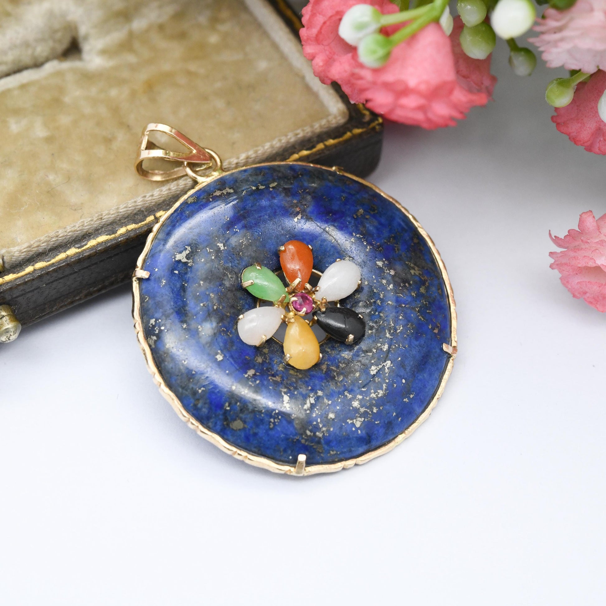 Vintage 9ct Gold Lapis Lazuli Gemstone Flower Pendant - Multi-Stone Quartz Jade Ruby Aventurine | Gold Necklace Gift