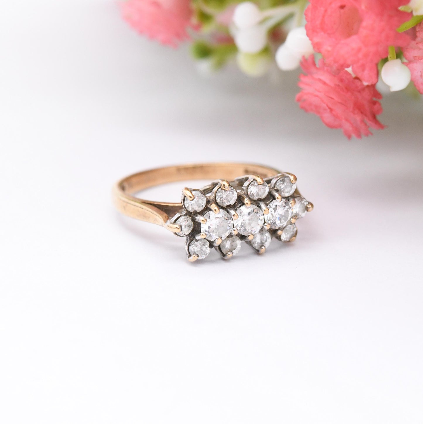 Vintage 9ct Gold Cluster Ring 1970 with Clear Stones - Mid-Century Statement Cocktail Ring | UK Size - O 1/2 | US Size - 7 1/2