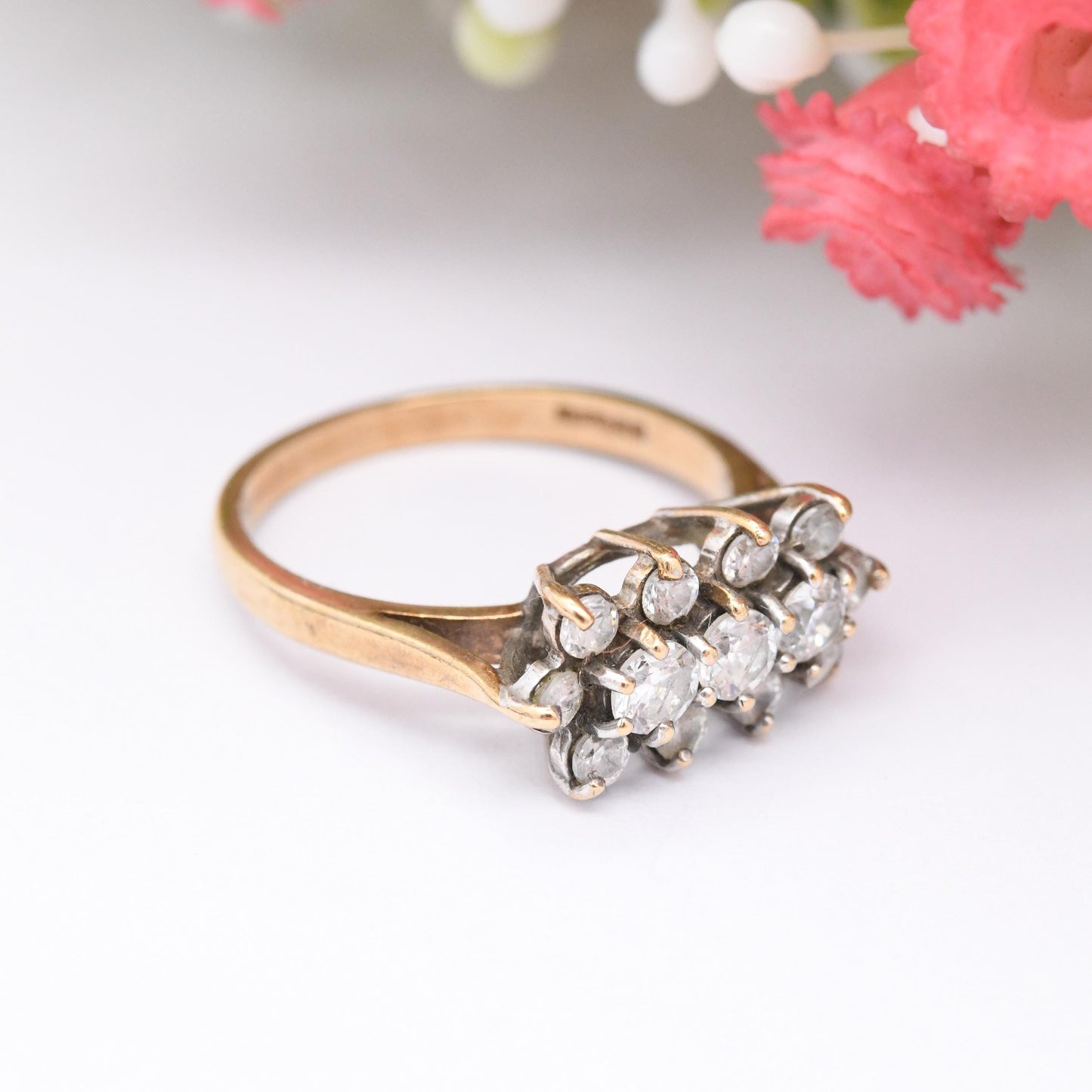Vintage 9ct Gold Cluster Ring 1970 with Clear Stones - Mid-Century Statement Cocktail Ring | UK Size - O 1/2 | US Size - 7 1/2