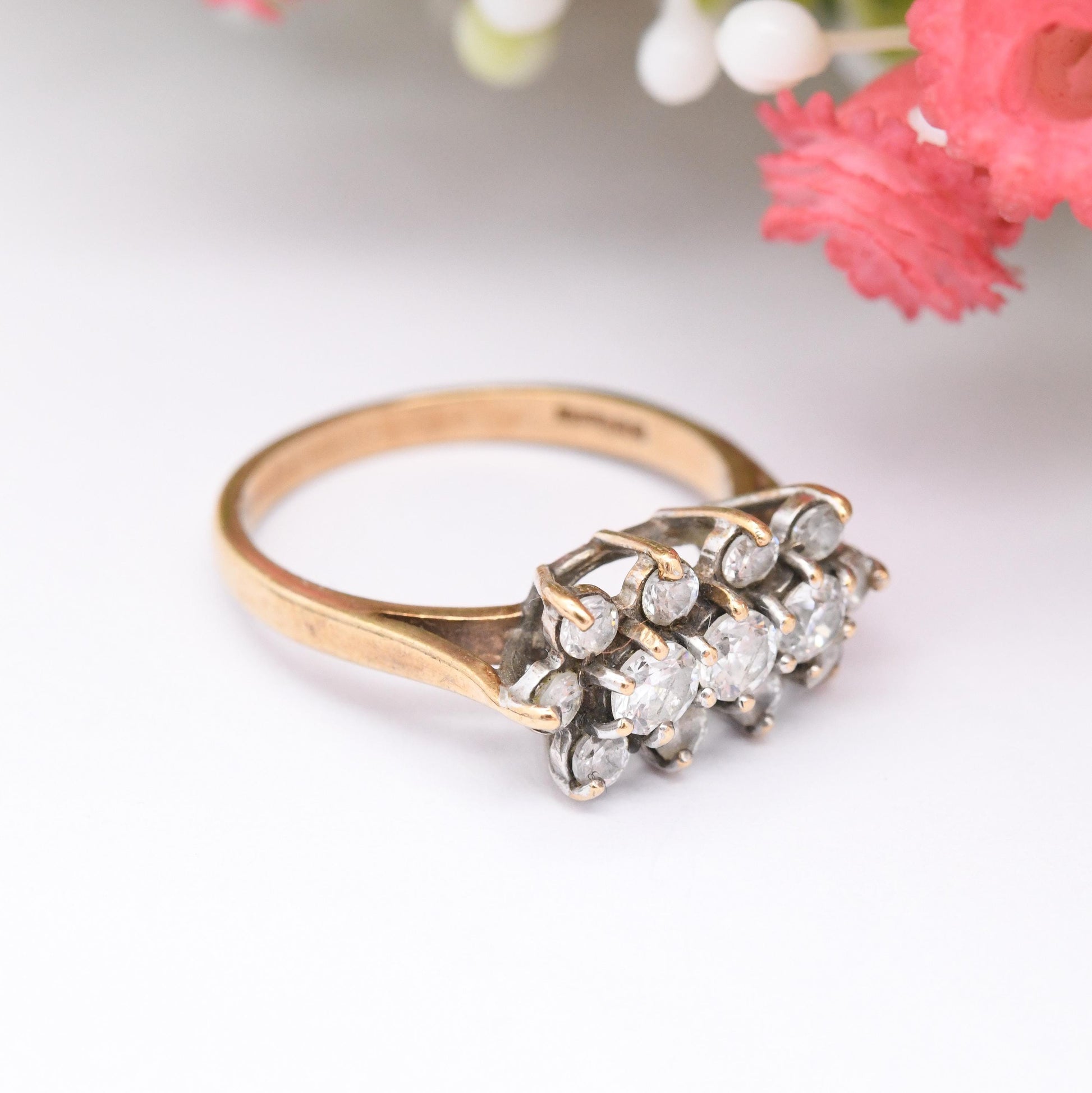 Vintage 9ct Gold Cluster Ring 1970 with Clear Stones - Mid-Century Statement Cocktail Ring | UK Size - O 1/2 | US Size - 7 1/2