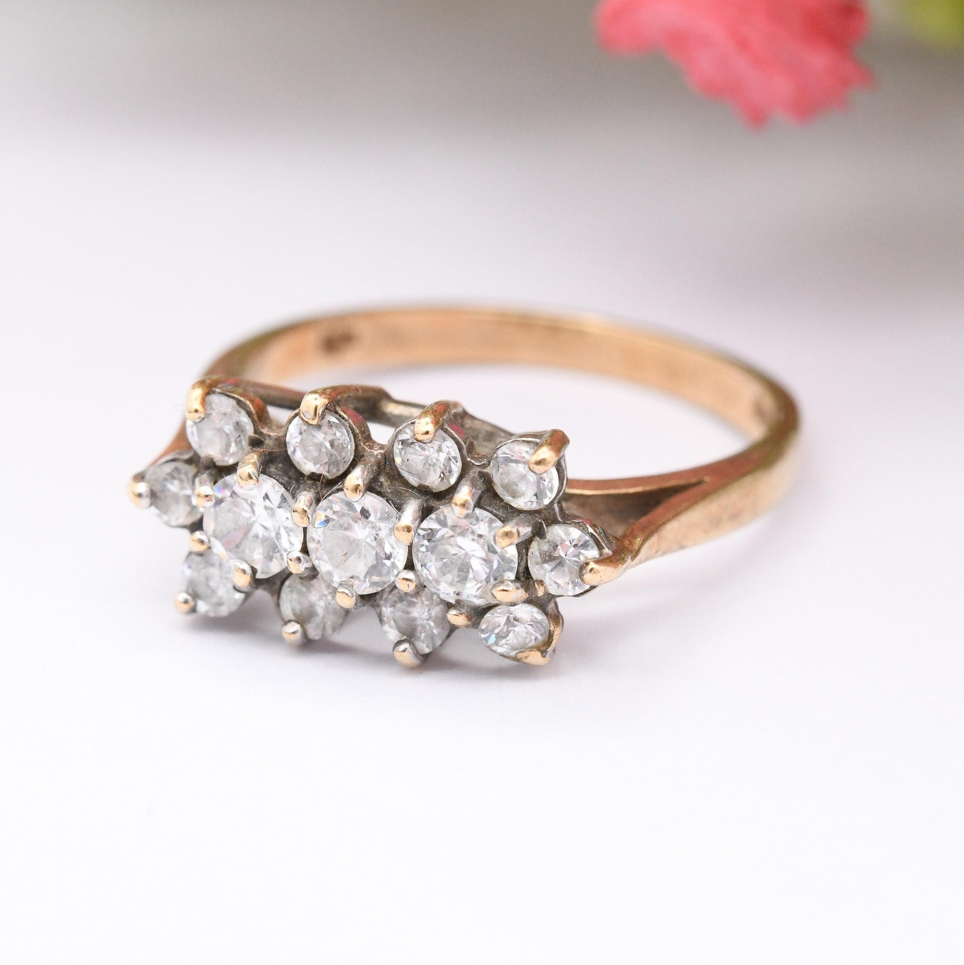 Vintage 9ct Gold Cluster Ring 1970 with Clear Stones - Mid-Century Statement Cocktail Ring | UK Size - O 1/2 | US Size - 7 1/2
