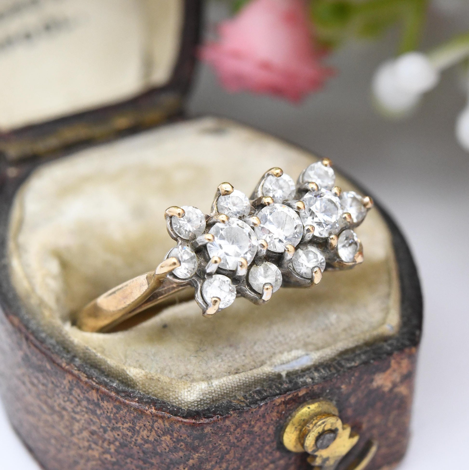 Vintage 9ct Gold Cluster Ring 1970 with Clear Stones - Mid-Century Statement Cocktail Ring | UK Size - O 1/2 | US Size - 7 1/2