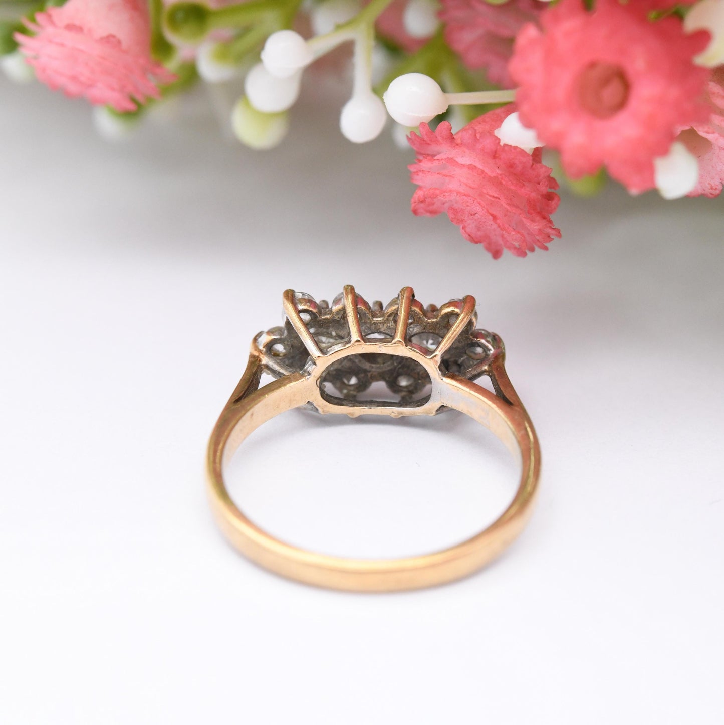 Vintage 9ct Gold Cluster Ring 1970 with Clear Stones - Mid-Century Statement Cocktail Ring | UK Size - O 1/2 | US Size - 7 1/2