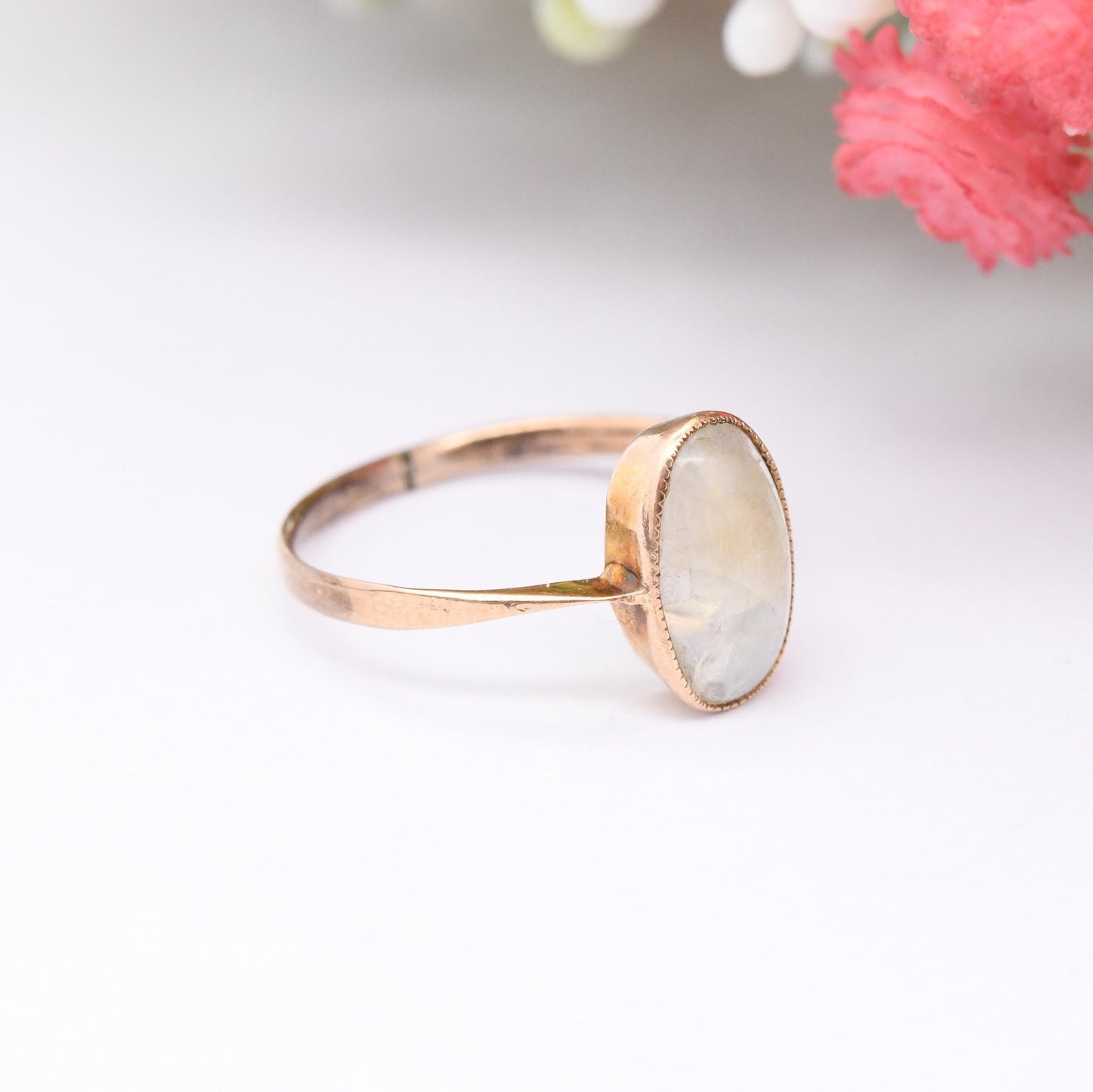 Antique Victorian 9ct Gold Moonstone Ring - Oval Cabochon Gemstone Ring | Antique Rose Gold Jewellery | UK Size - L 1/2 | US Size - 6