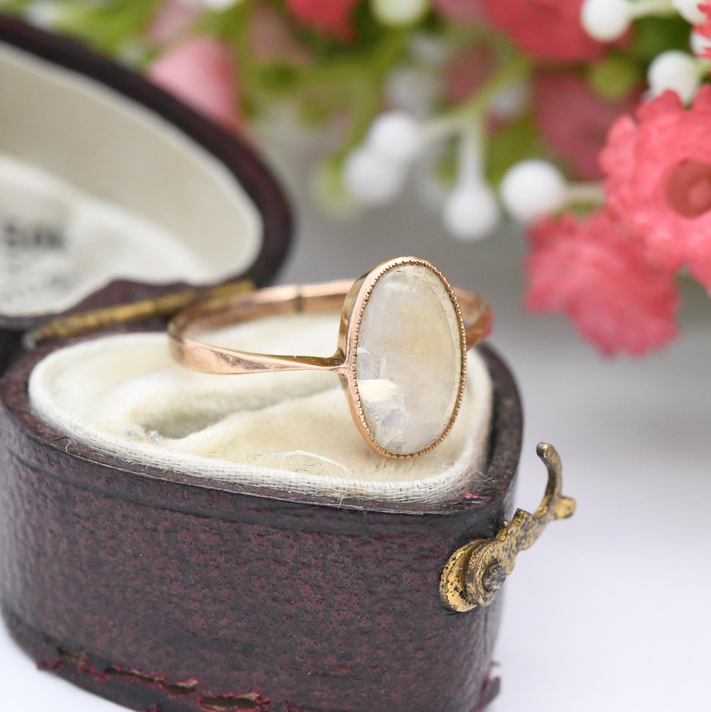 Antique Victorian 9ct Gold Moonstone Ring - Oval Cabochon Gemstone Ring | Antique Rose Gold Jewellery | UK Size - L 1/2 | US Size - 6