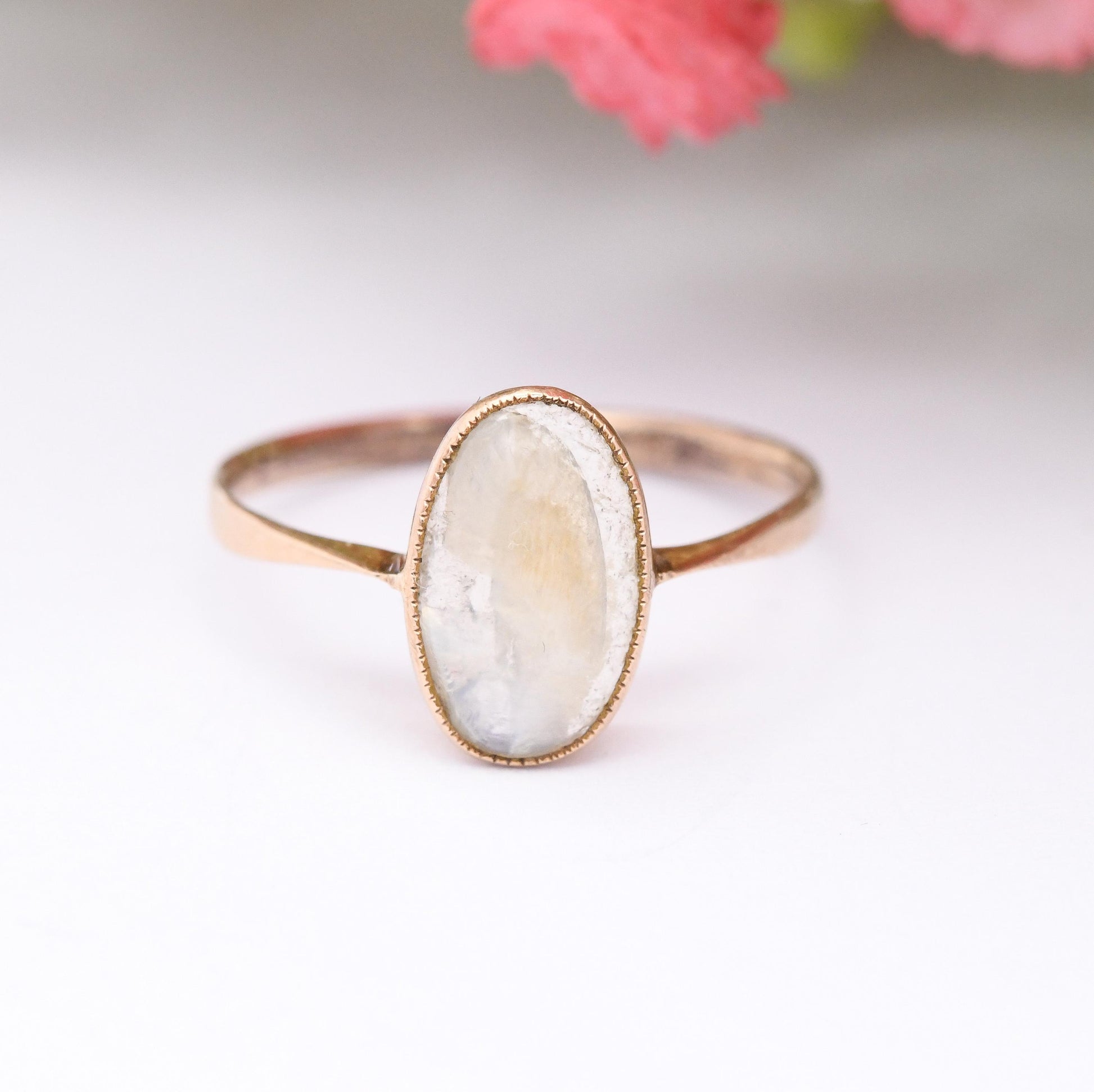 Antique Victorian 9ct Gold Moonstone Ring - Oval Cabochon Gemstone Ring | Antique Rose Gold Jewellery | UK Size - L 1/2 | US Size - 6