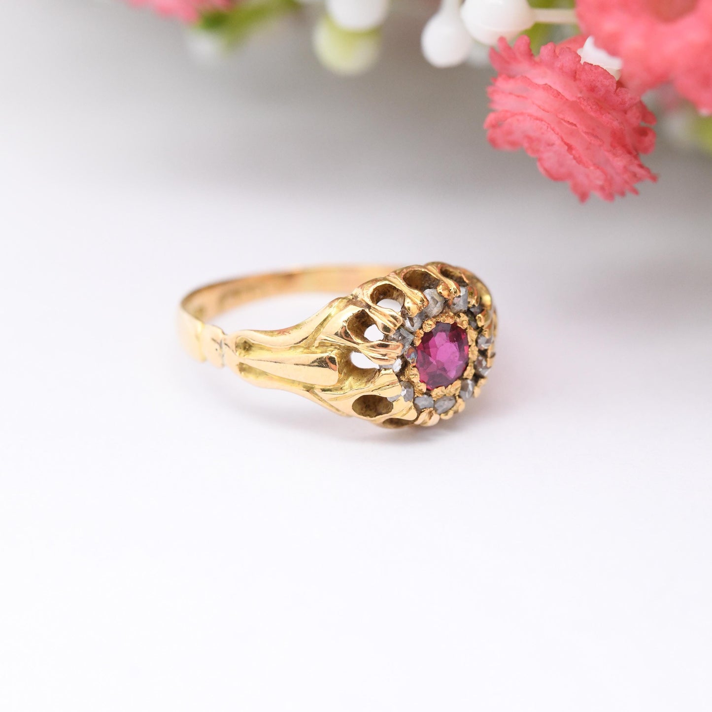 Antique Victorian 18ct Gold Ruby Diamond Ring - Diamond Halo Cluster | A Bros Ahronsburg Brothers | UK Size - K | US Size - 5 1/4