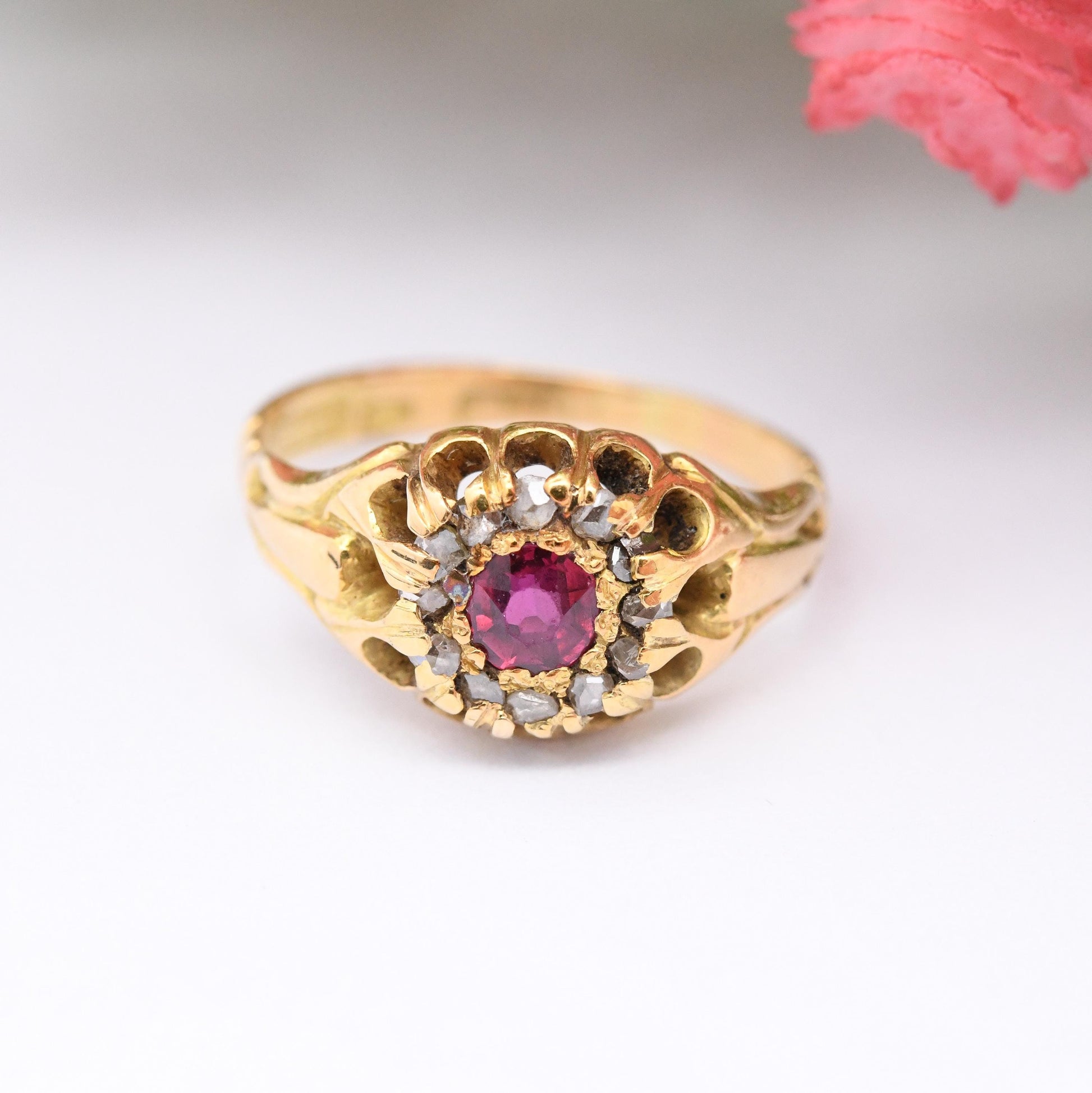 Antique Victorian 18ct Gold Ruby Diamond Ring - Diamond Halo Cluster | A Bros Ahronsburg Brothers | UK Size - K | US Size - 5 1/4