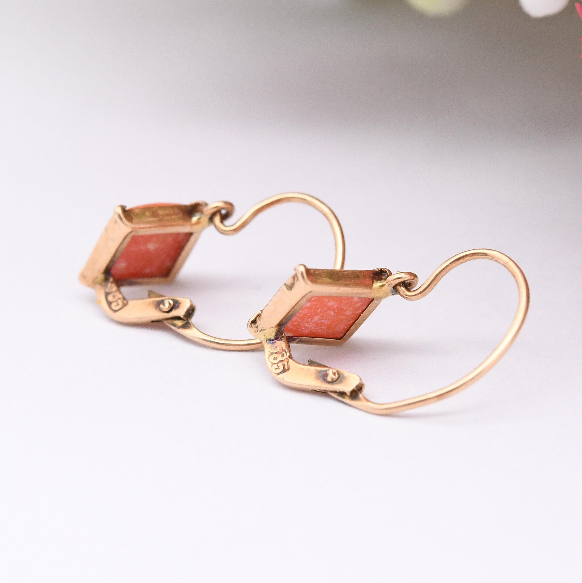 Antique 14ct Gold Coral Earrings with Lever-Back Closure - Delicate Gold Earrings with Diamond Shape Salmon Coral Front Fastening Hook Clasp