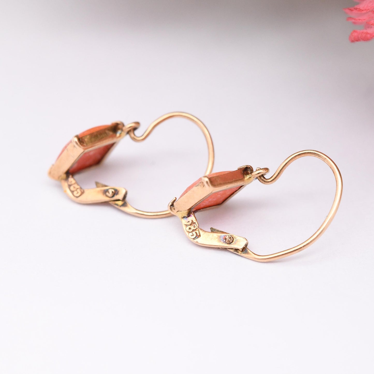 Antique 14ct Gold Coral Earrings with Lever-Back Closure - Delicate Gold Earrings with Diamond Shape Salmon Coral Front Fastening Hook Clasp