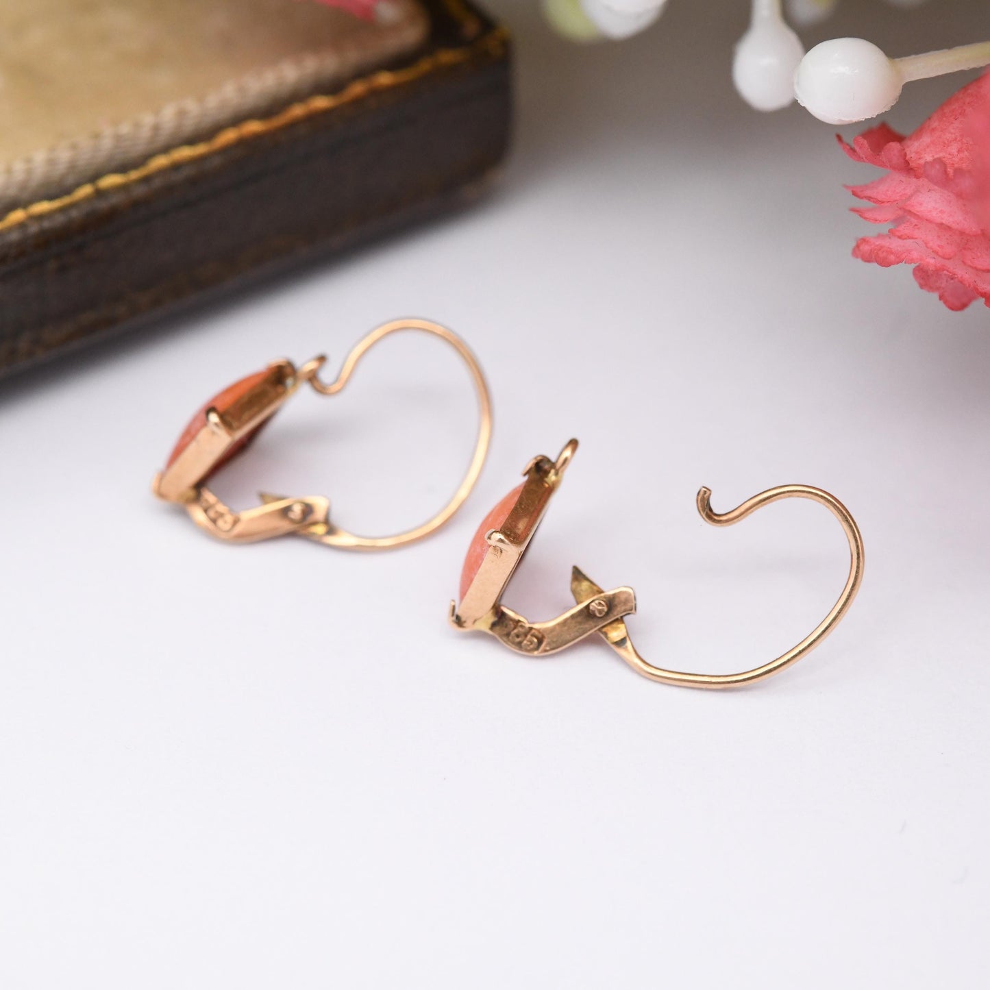 Antique 14ct Gold Coral Earrings with Lever-Back Closure - Delicate Gold Earrings with Diamond Shape Salmon Coral Front Fastening Hook Clasp