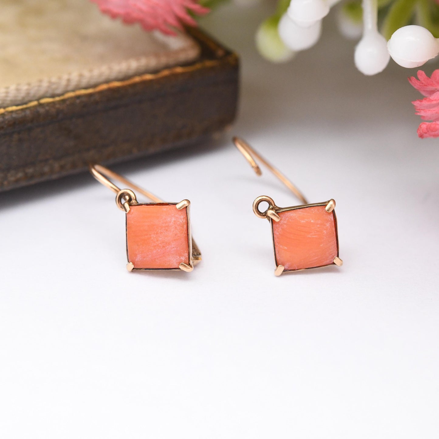 Antique 14ct Gold Coral Earrings with Lever-Back Closure - Delicate Gold Earrings with Diamond Shape Salmon Coral Front Fastening Hook Clasp