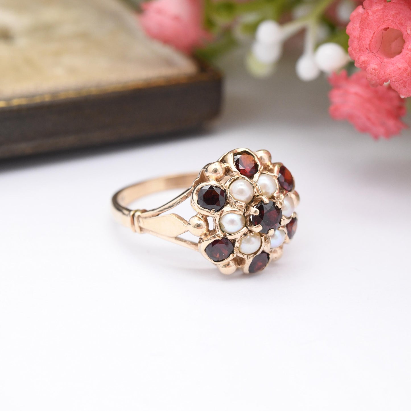 Vintage 9ct Gold Garnet Pearl Statement Cluster Ring 1966 - Mid-Century Victorian Revival Antique Style | UK Size - Q | US Size - 8 1/4