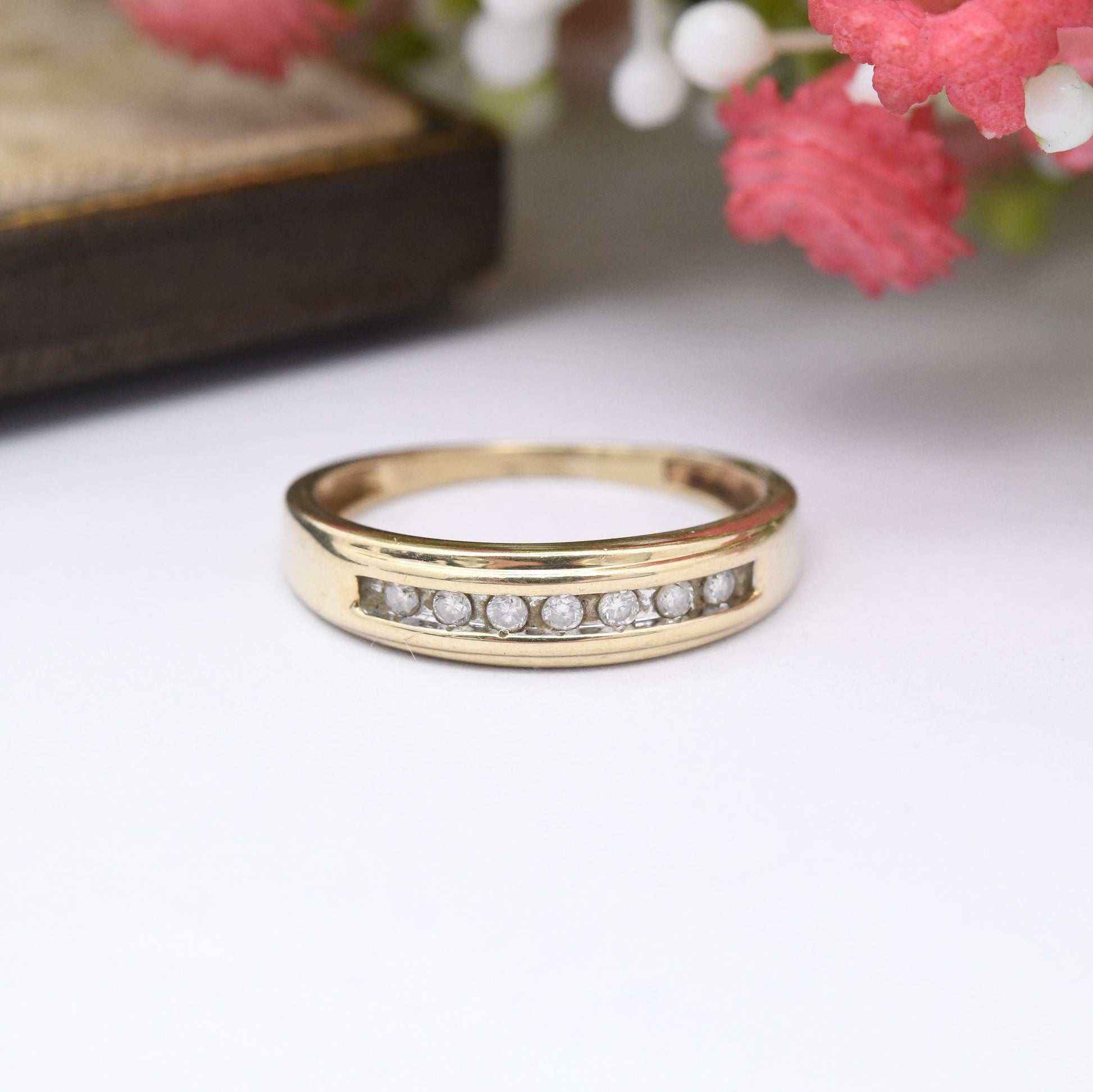 Vintage 9ct Gold Diamond Flush Half Eternity Ring - Pretty Engagement Wedding Band Stacking Ring | UK Size - M | US Size - 6 1/4