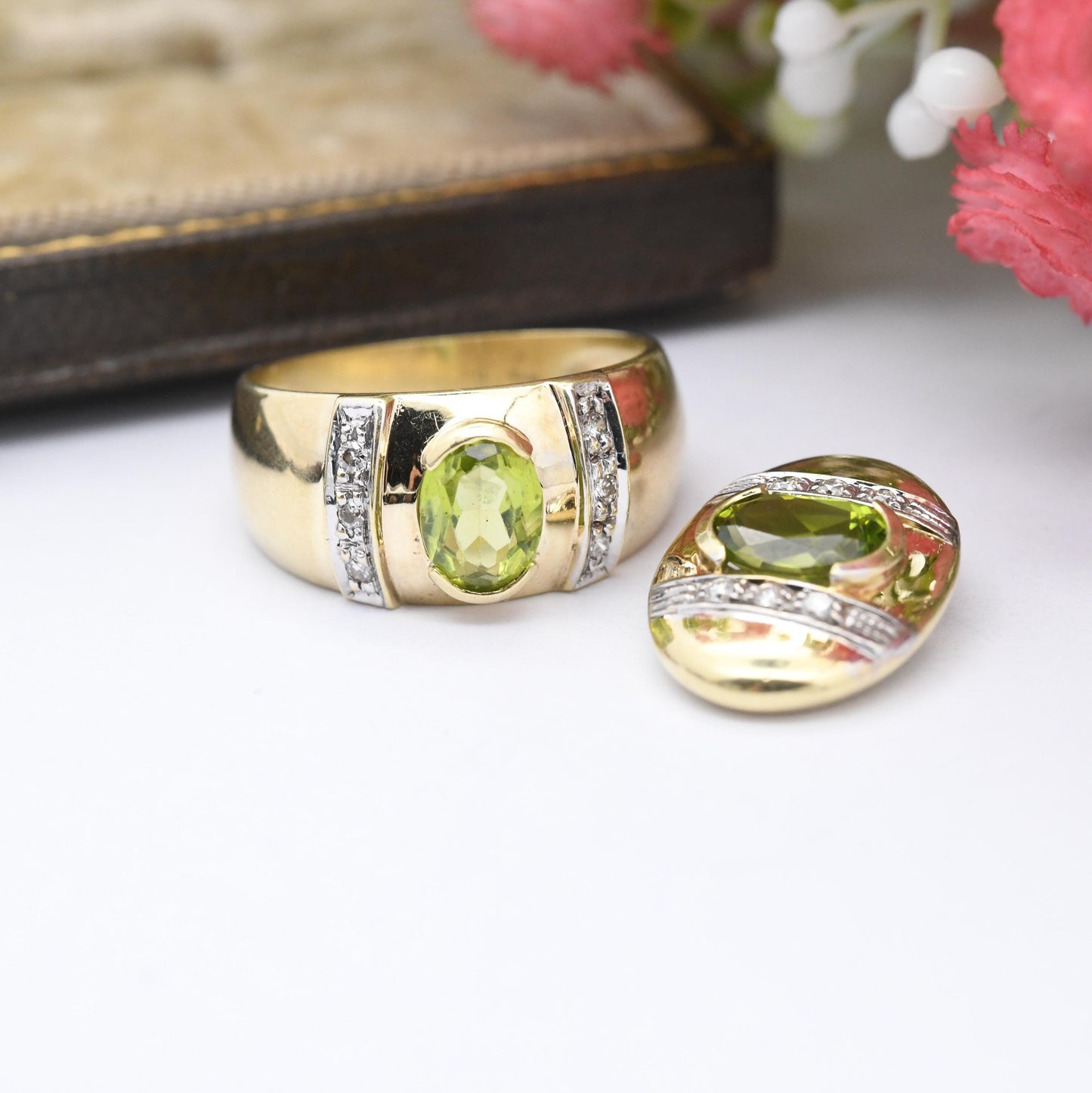 Vintage 14ct Gold Peridot Diamond Ring and Pendant Set - Contemporary Statement Cocktail Jewellery Green | UK Size - L | US Size - 5 3/4