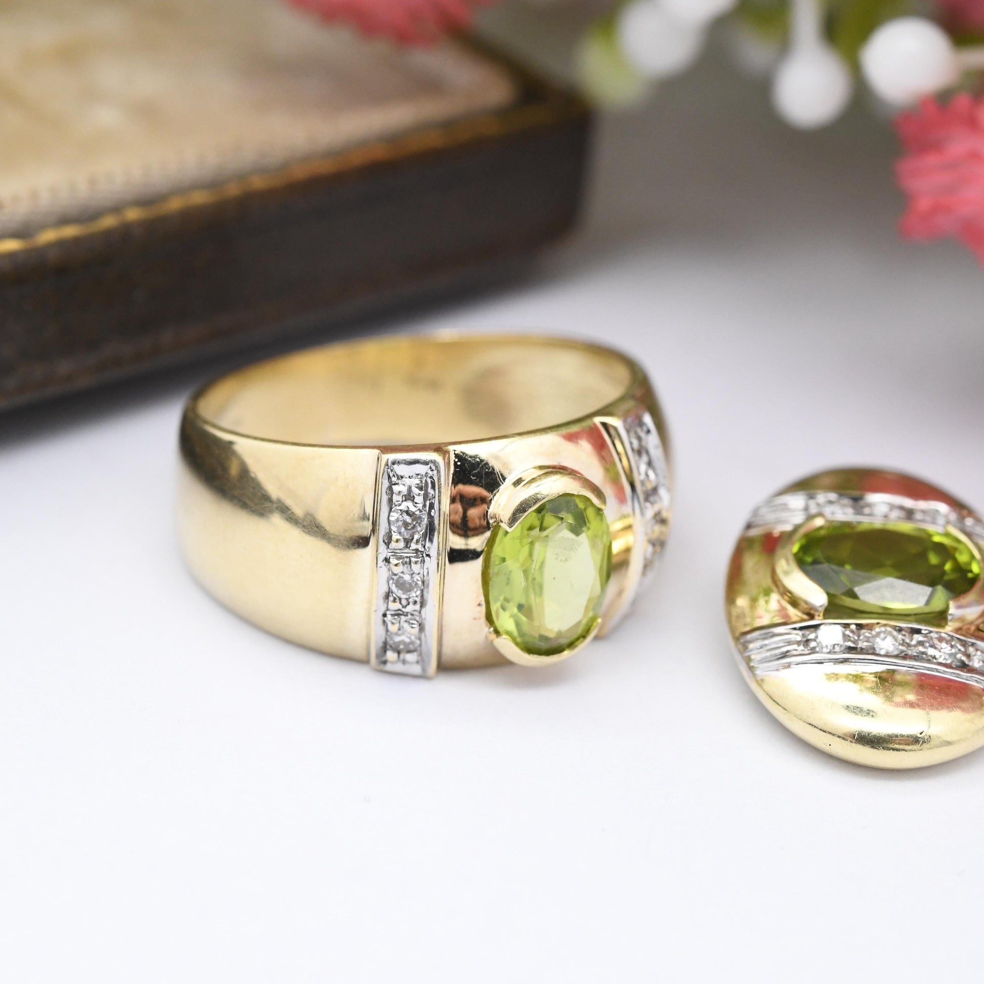 Vintage 14ct Gold Peridot Diamond Ring and Pendant Set - Contemporary Statement Cocktail Jewellery Green | UK Size - L | US Size - 5 3/4