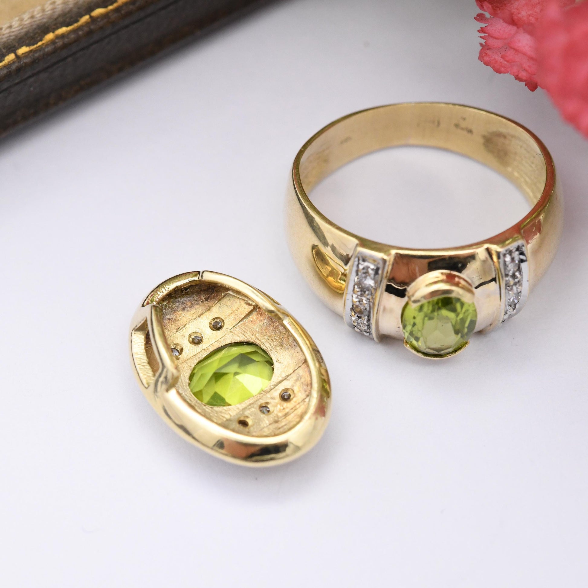 Vintage 14ct Gold Peridot Diamond Ring and Pendant Set - Contemporary Statement Cocktail Jewellery Green | UK Size - L | US Size - 5 3/4