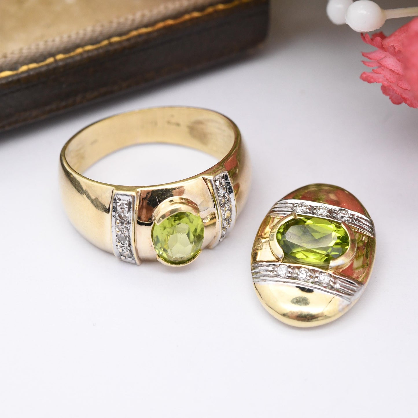 Vintage 14ct Gold Peridot Diamond Ring and Pendant Set - Contemporary Statement Cocktail Jewellery Green | UK Size - L | US Size - 5 3/4